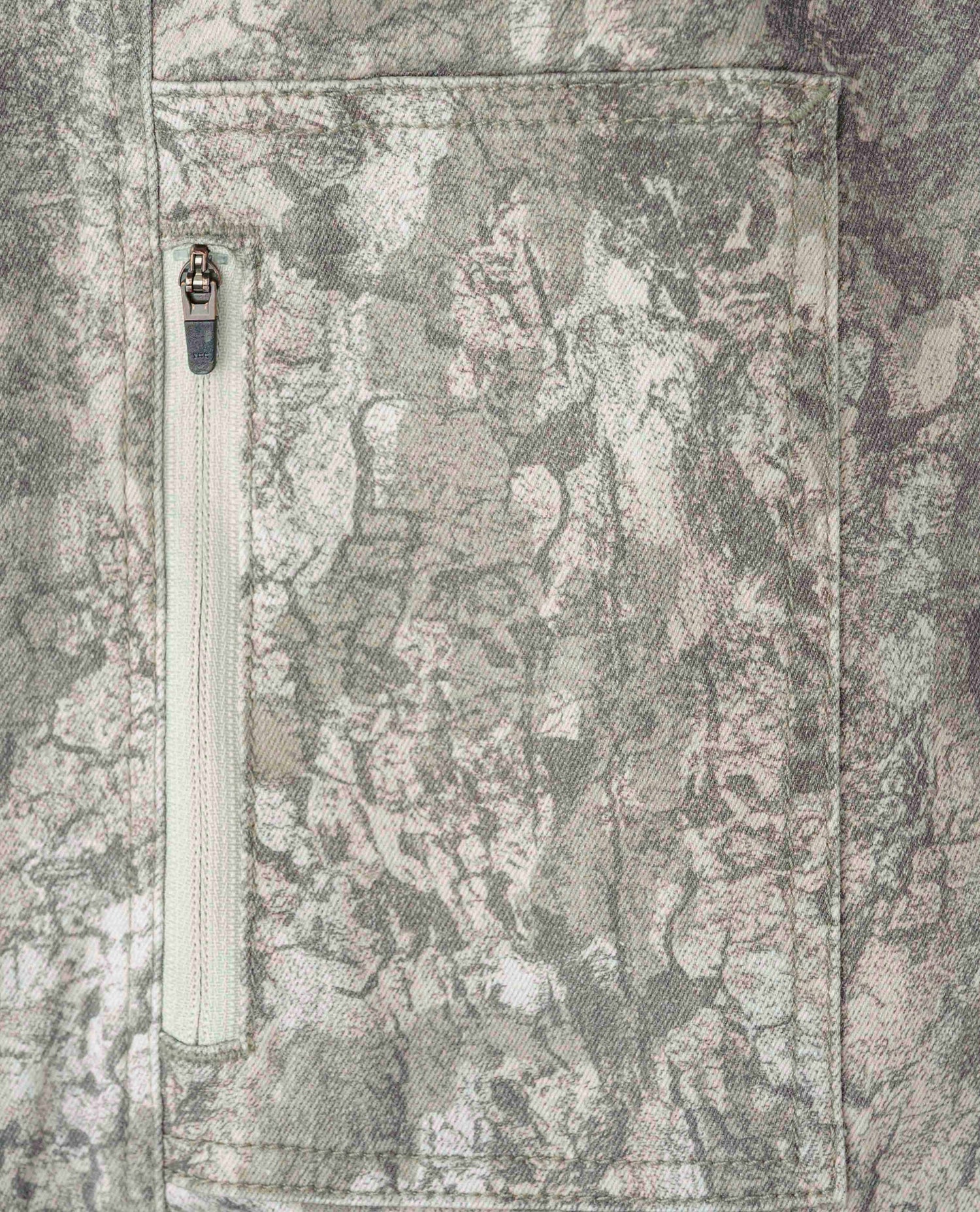 Close-up of a camouflage-patterned fabric with a zipper pocket.