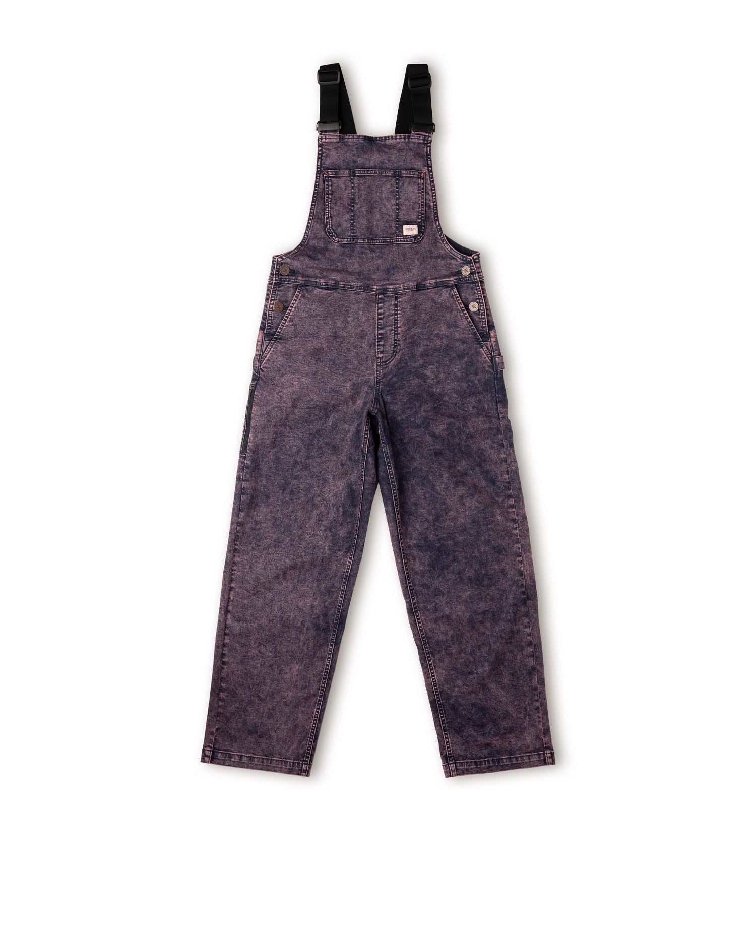 Purple acid-wash overalls on a white background