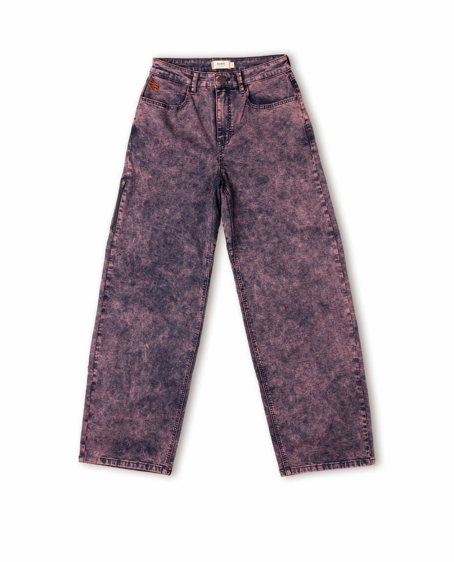 Purple acid-wash jeans on a white background