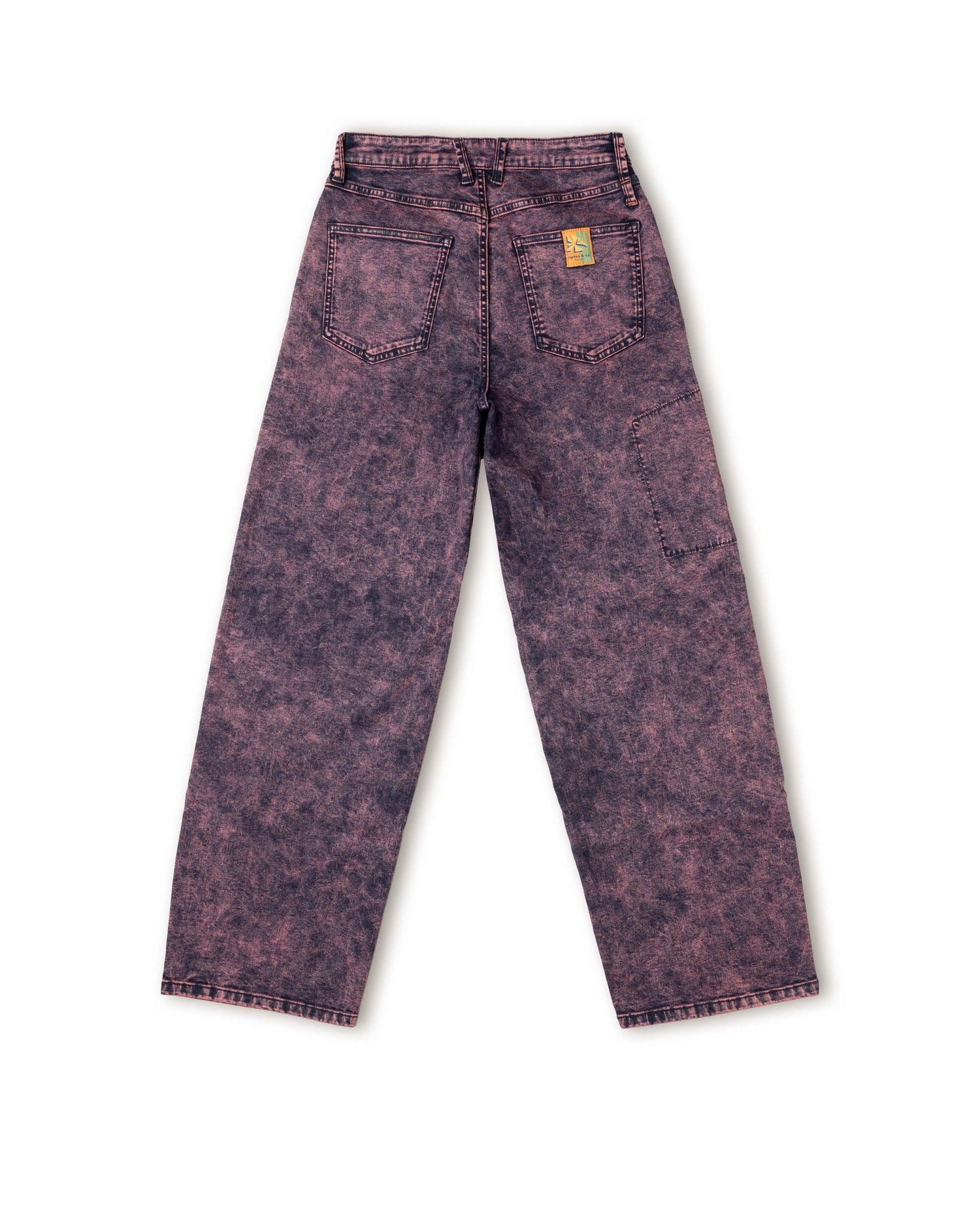 Purple acid-wash jeans on a white background