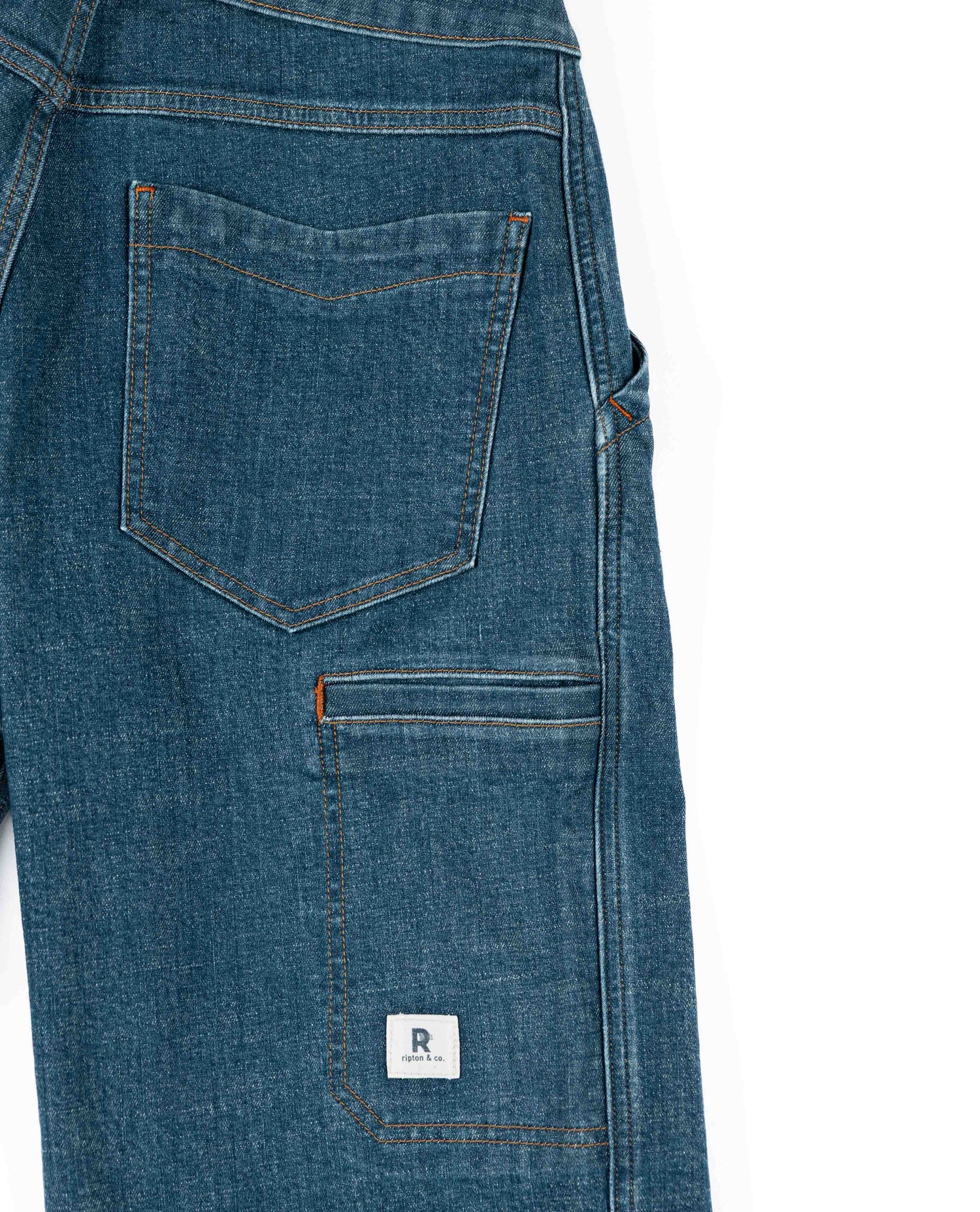 Blue apron with a pocket and brand logo on a white background