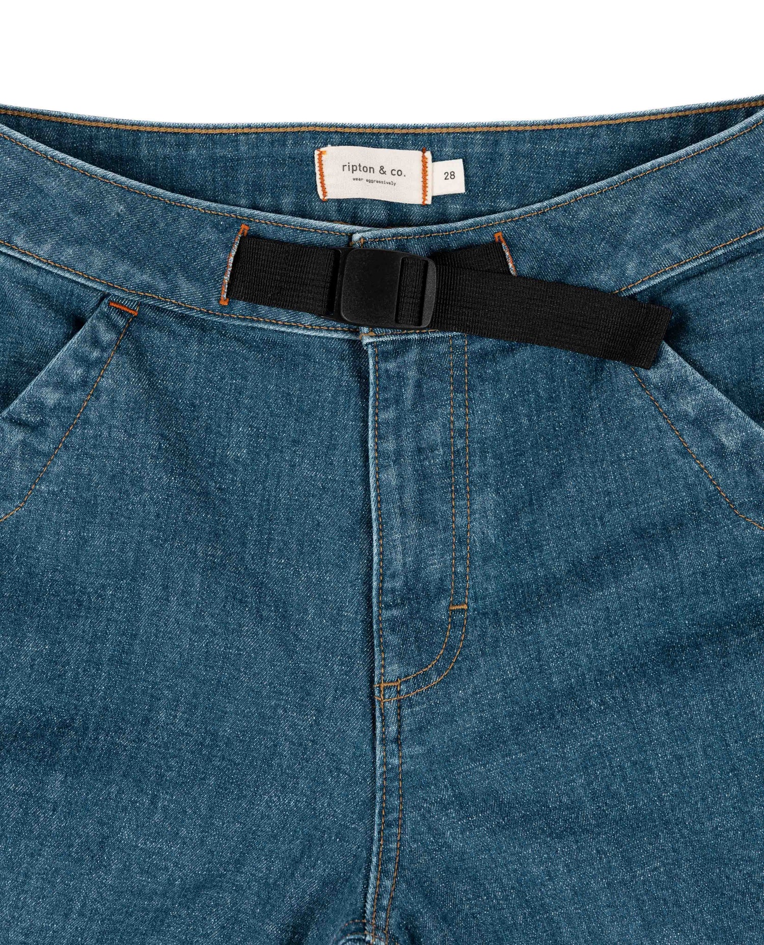 Blue jeans with a black belt and 'Ripien & Co' label on a white background