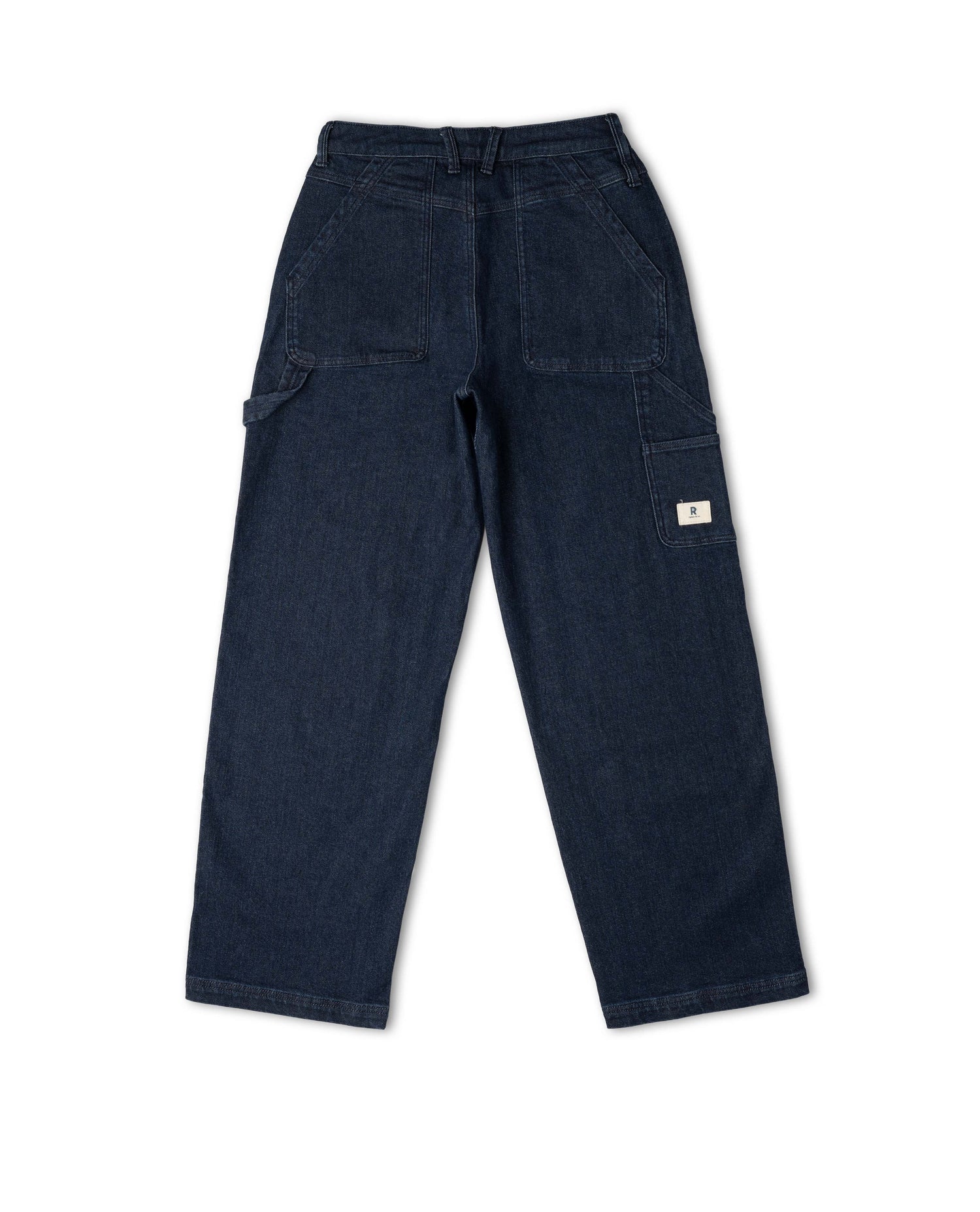 Dark blue work pants with a brand logo on a white background