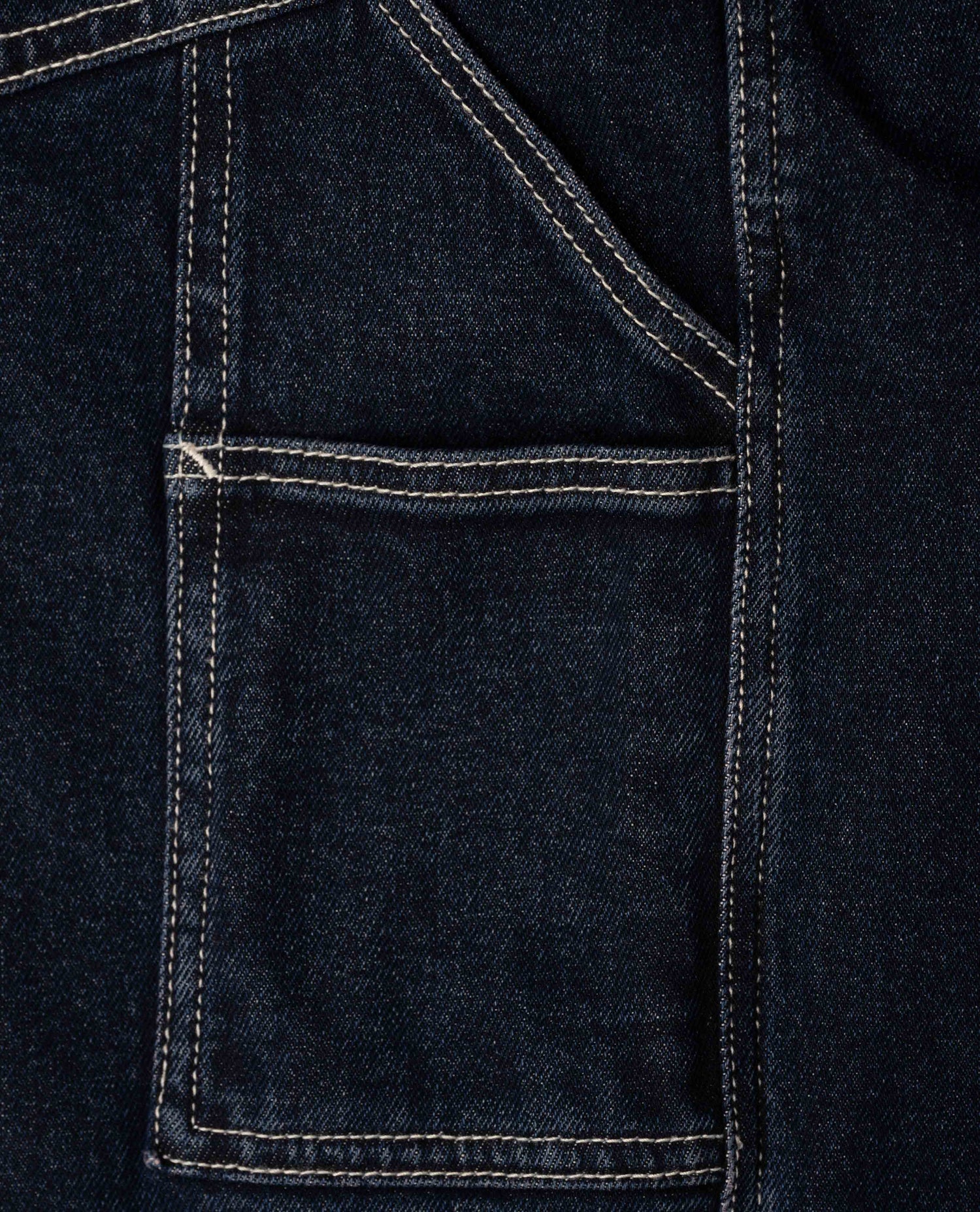 Close-up of a dark denim jacket with a pocket detail
