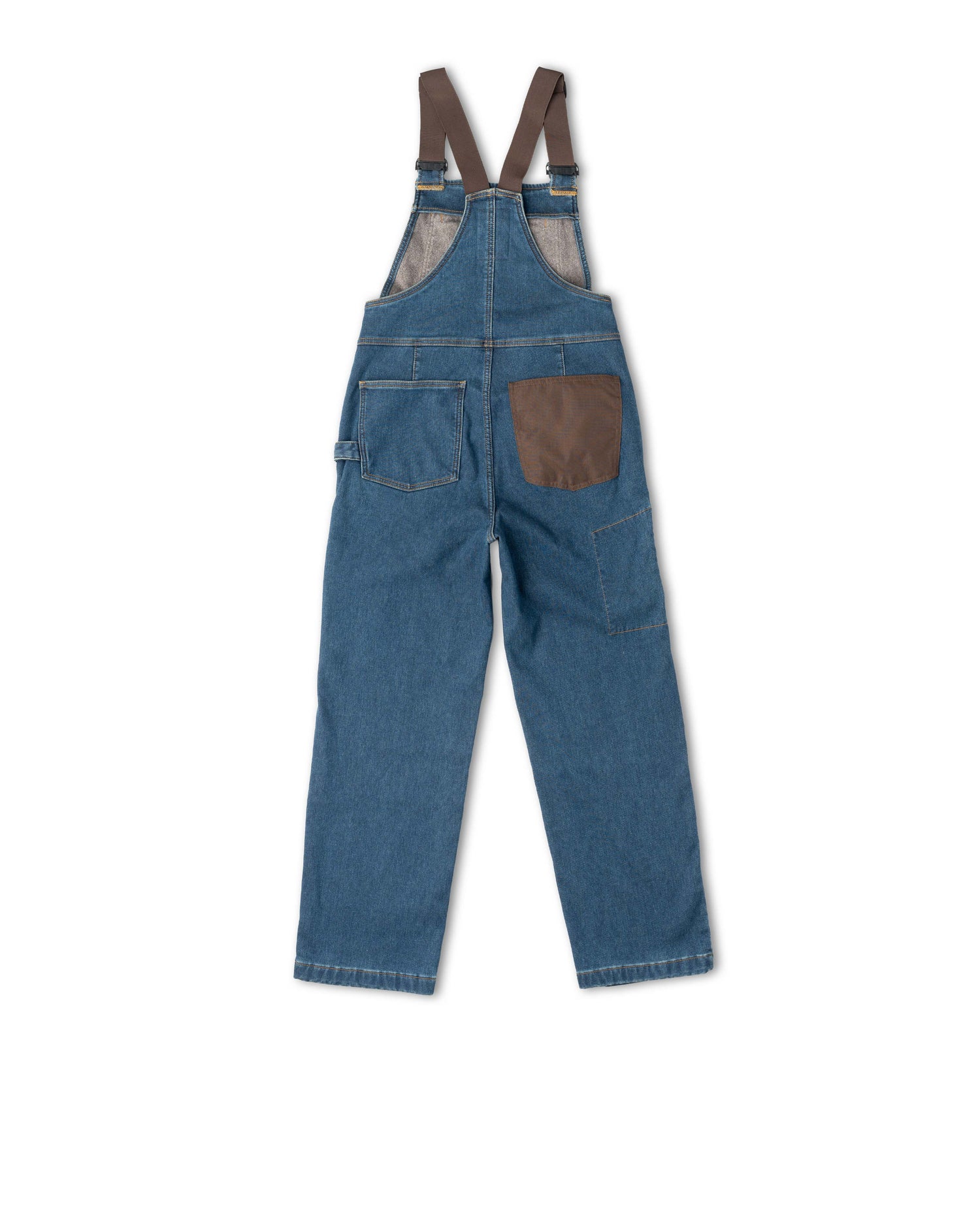 Blue denim overalls with brown leather patches on a white background