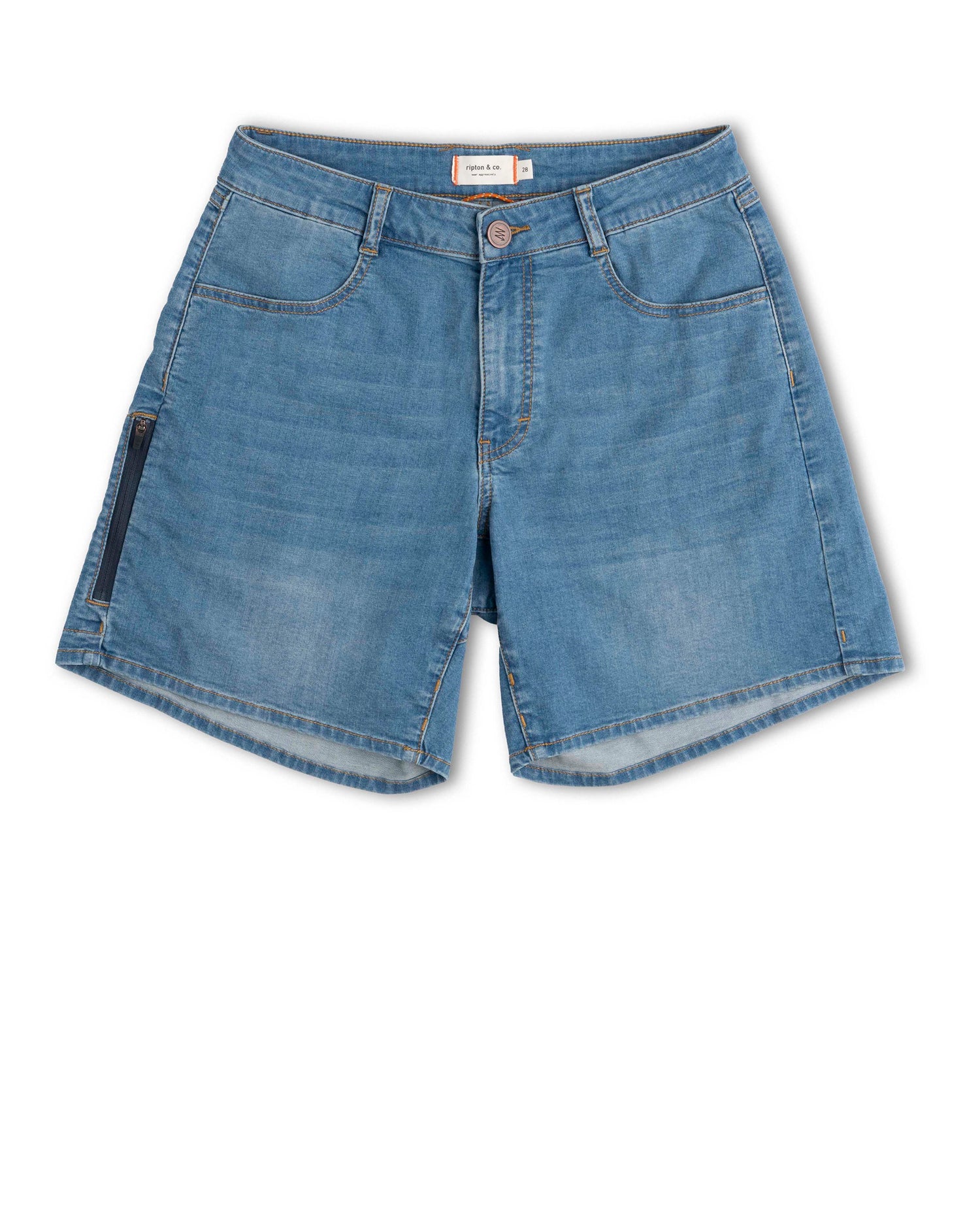 Blue denim shorts on a white background