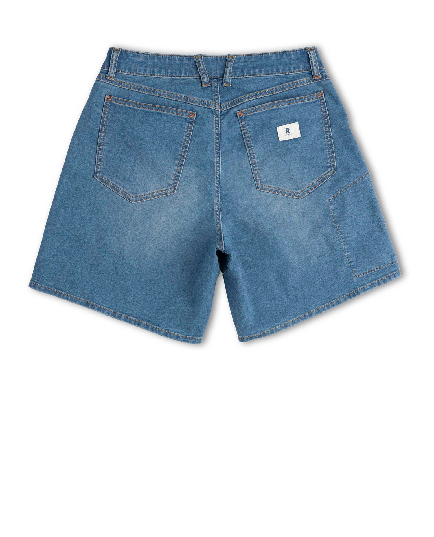 Blue denim shorts on a white background