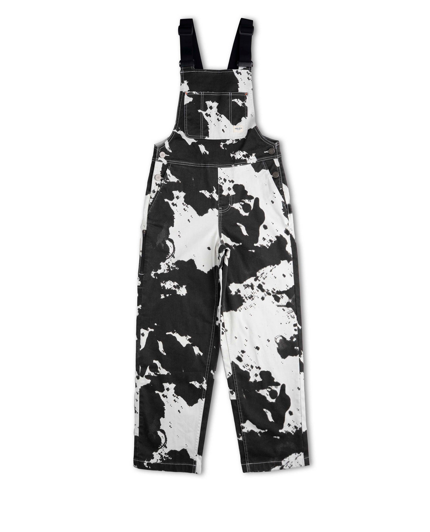 Black and white tie-dye overalls on a white background