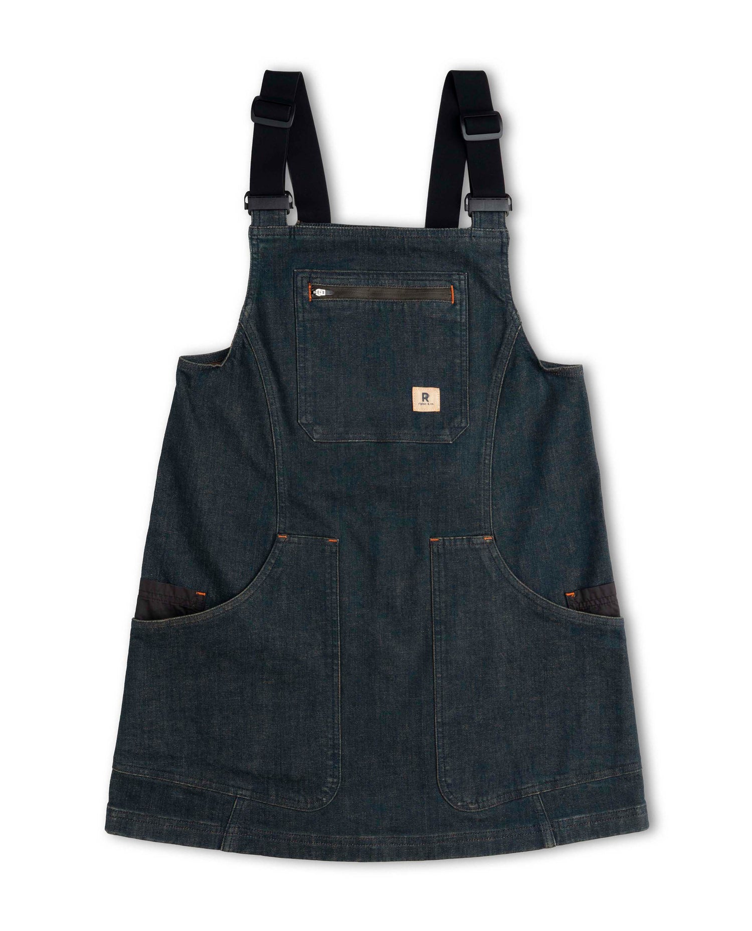 Dark denim apron with black straps on a white background