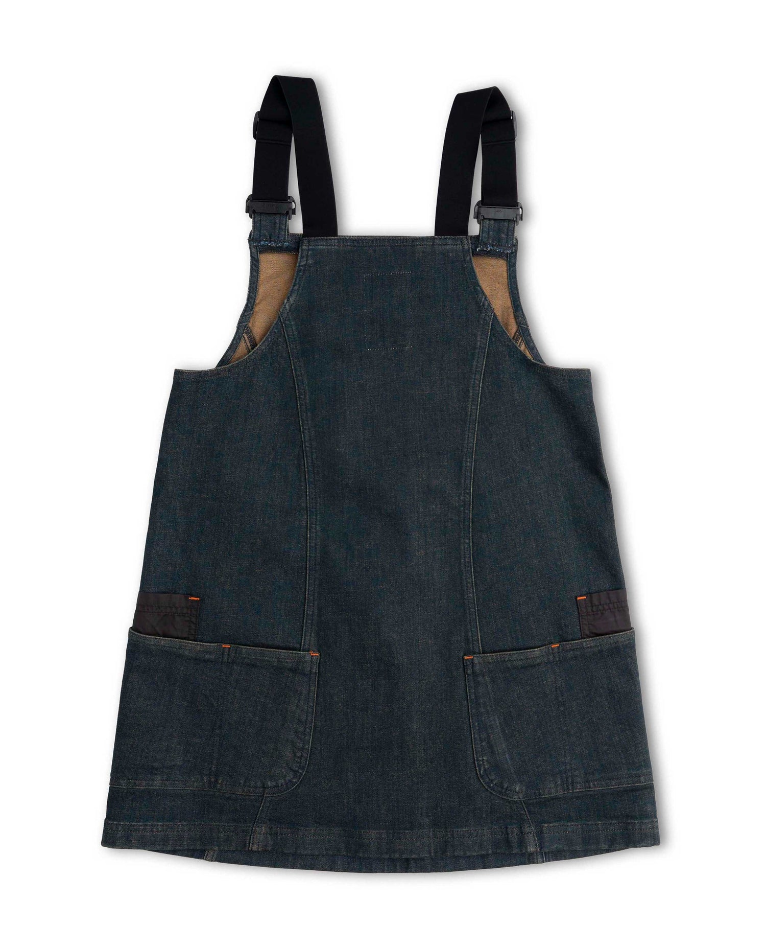 Blue denim apron with black straps on a white background