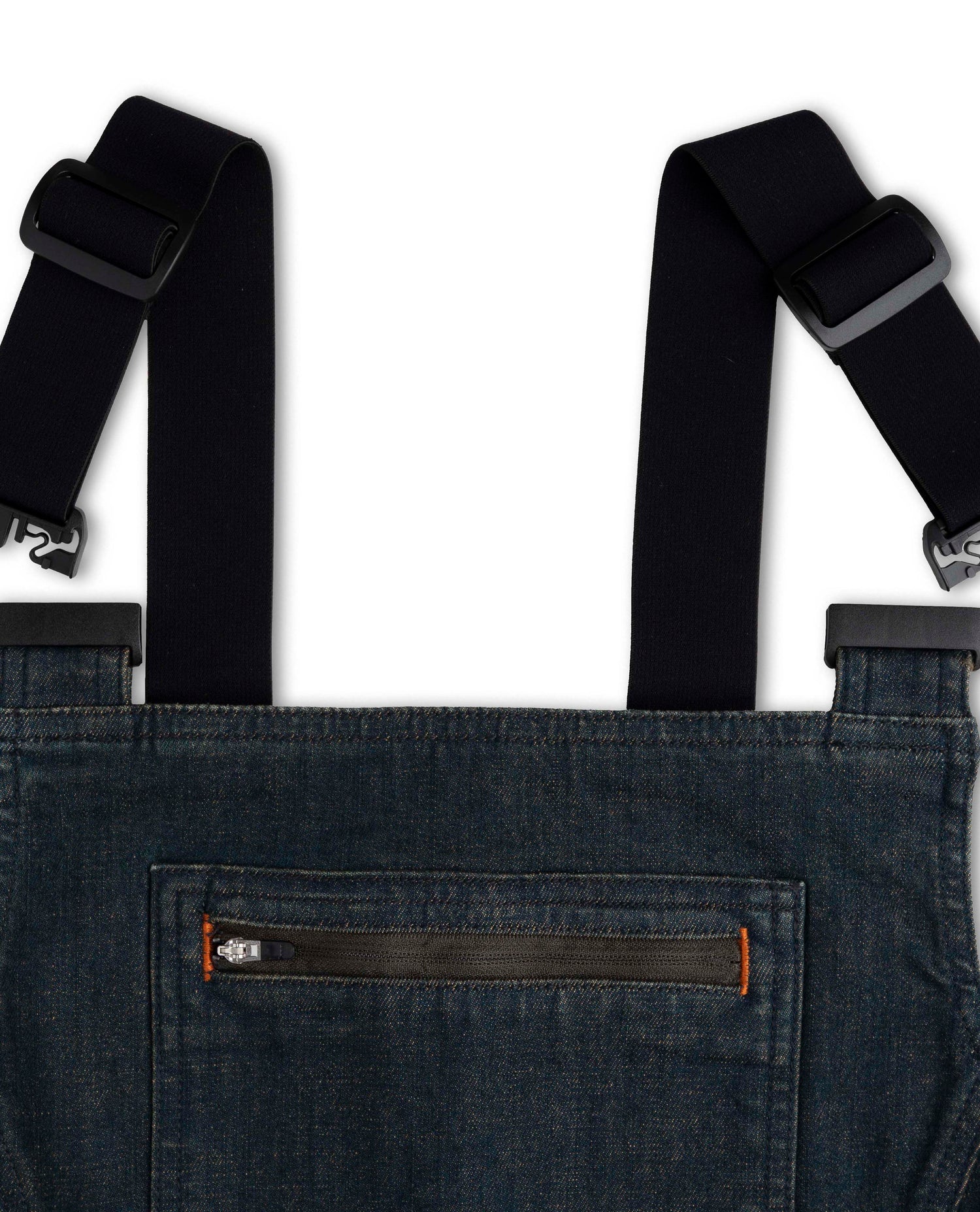 Dark denim overalls with black suspenders on a white background