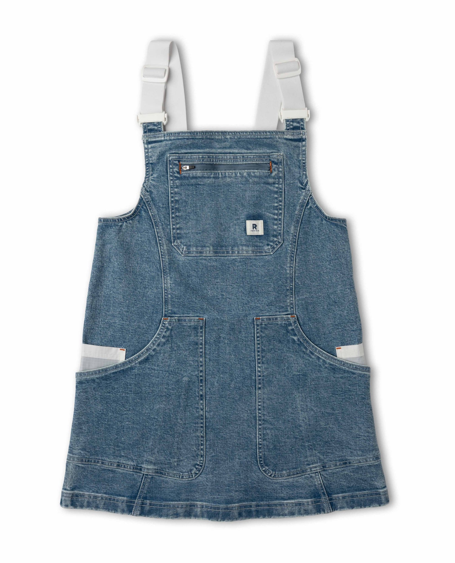 Blue denim pinafore dress with white straps on a white background