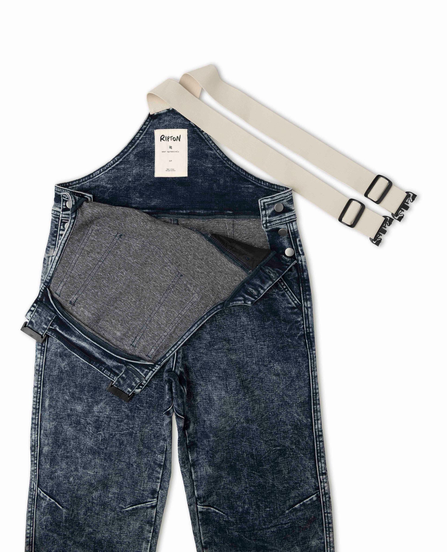 Indigo Marble women's denim overalls details