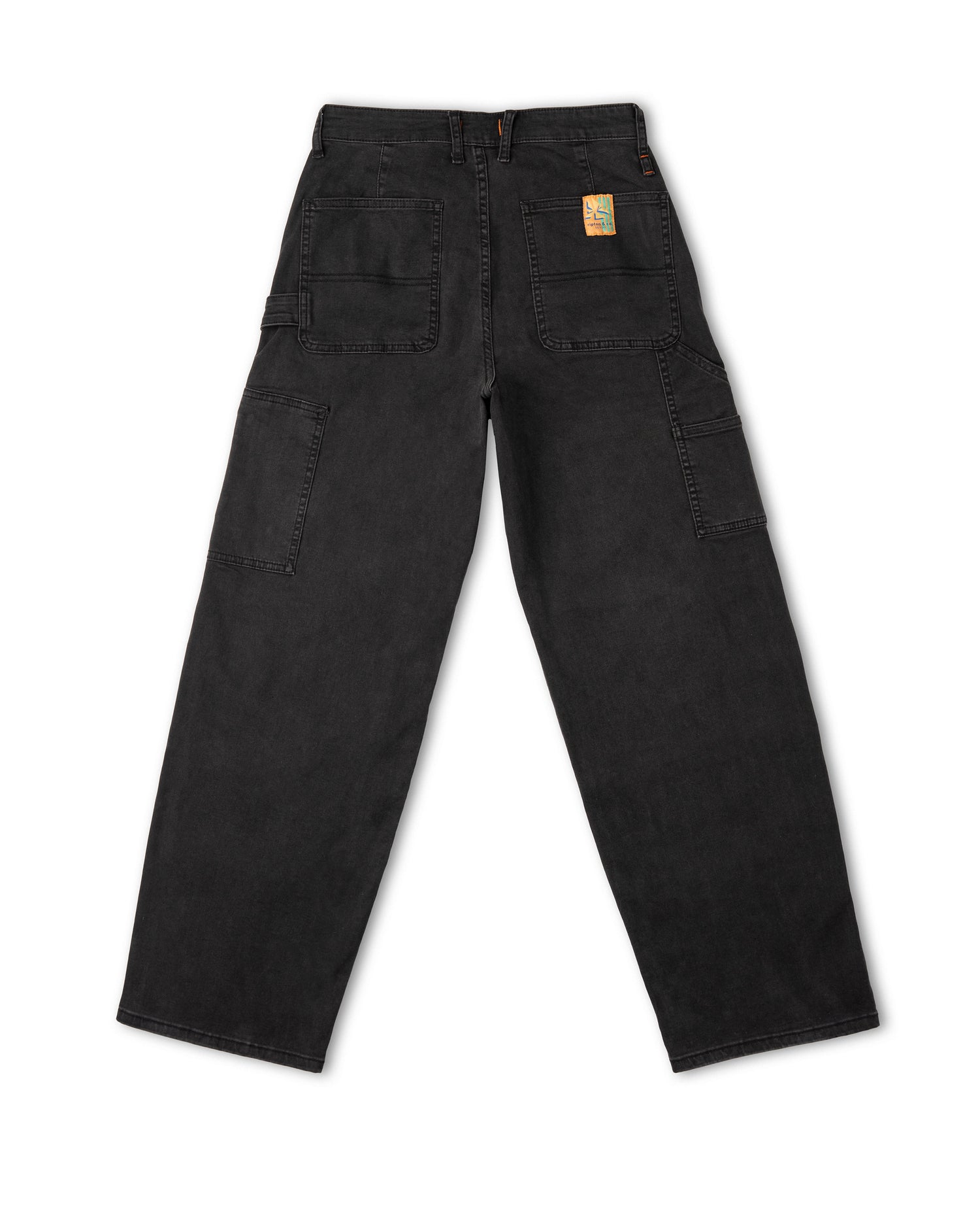 Black pants with a brand logo on a white background