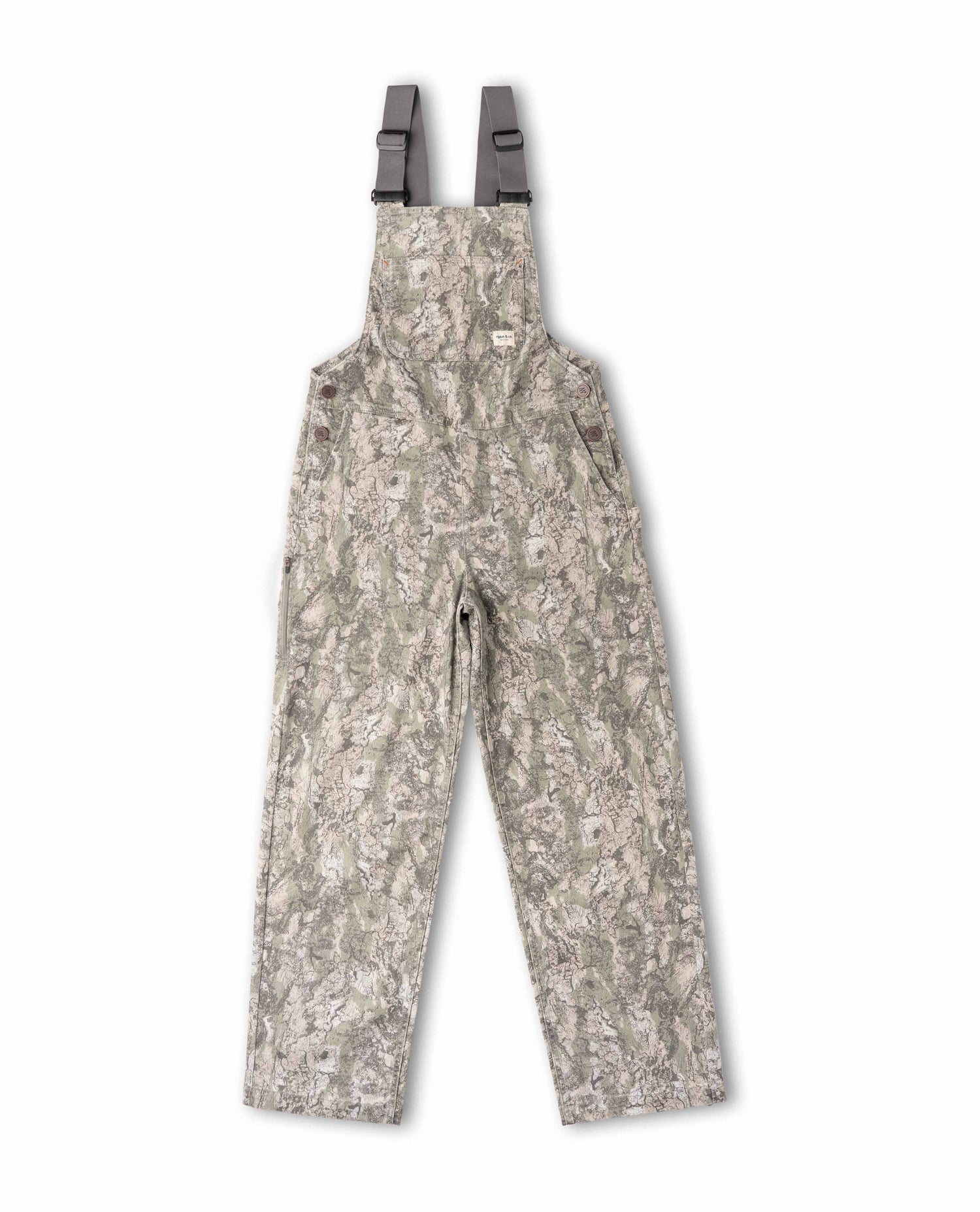 Camouflage overalls with suspenders on a white background