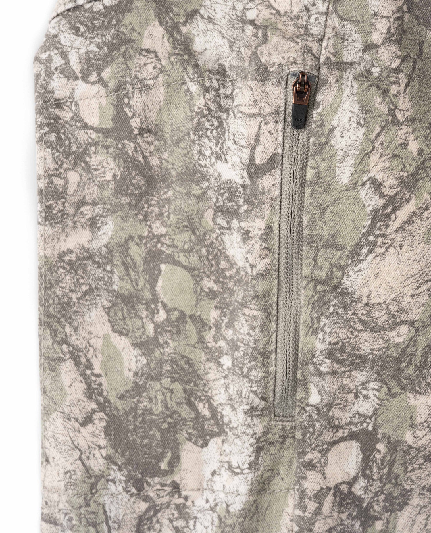 Camouflage-patterned bag with a zipper on a textured background