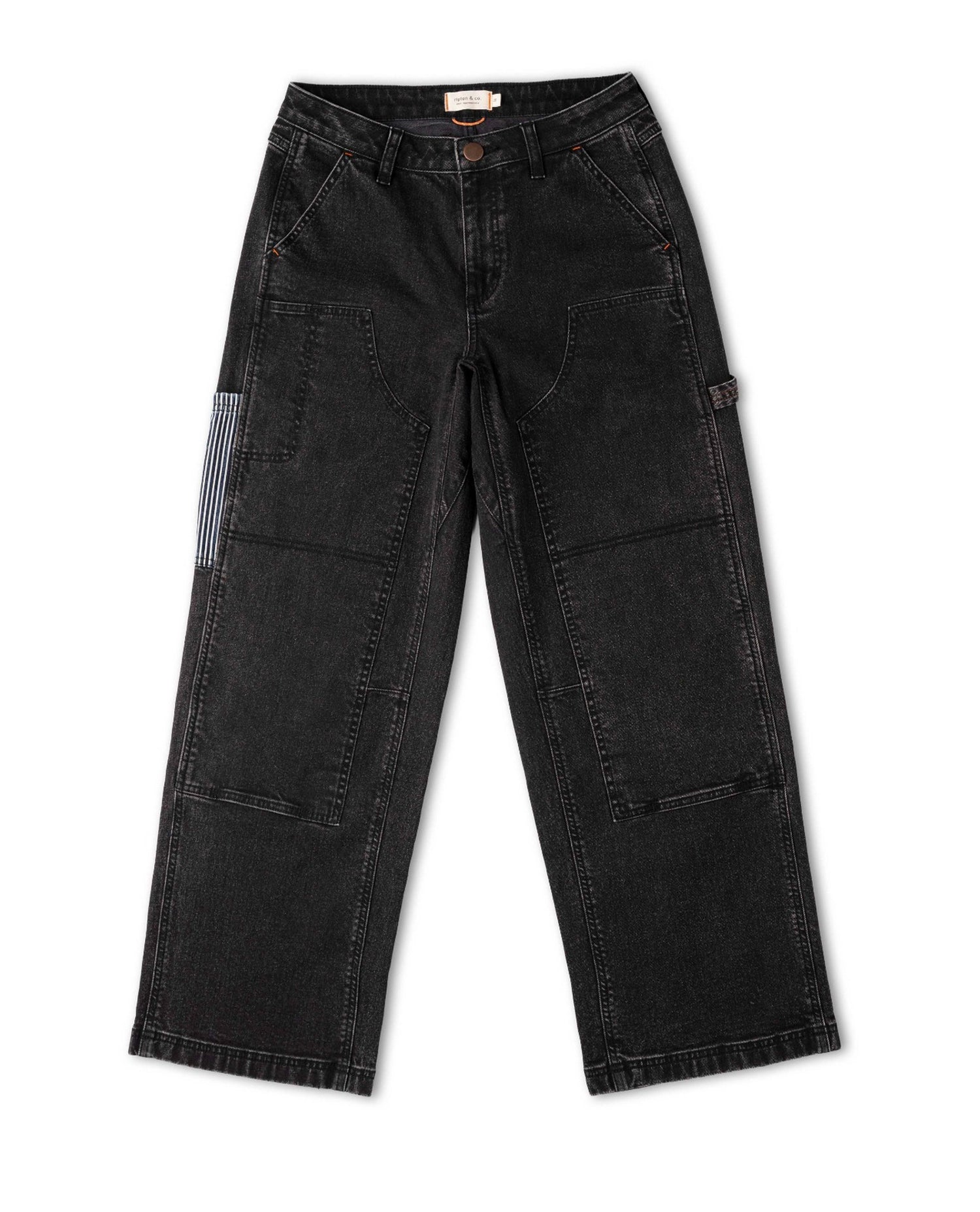 Black denim pants on a white background