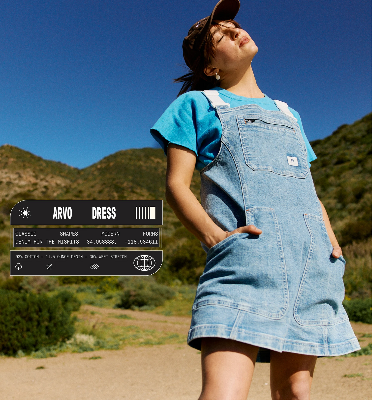 Women wearing a denim dress with Arvo Dress branding. 