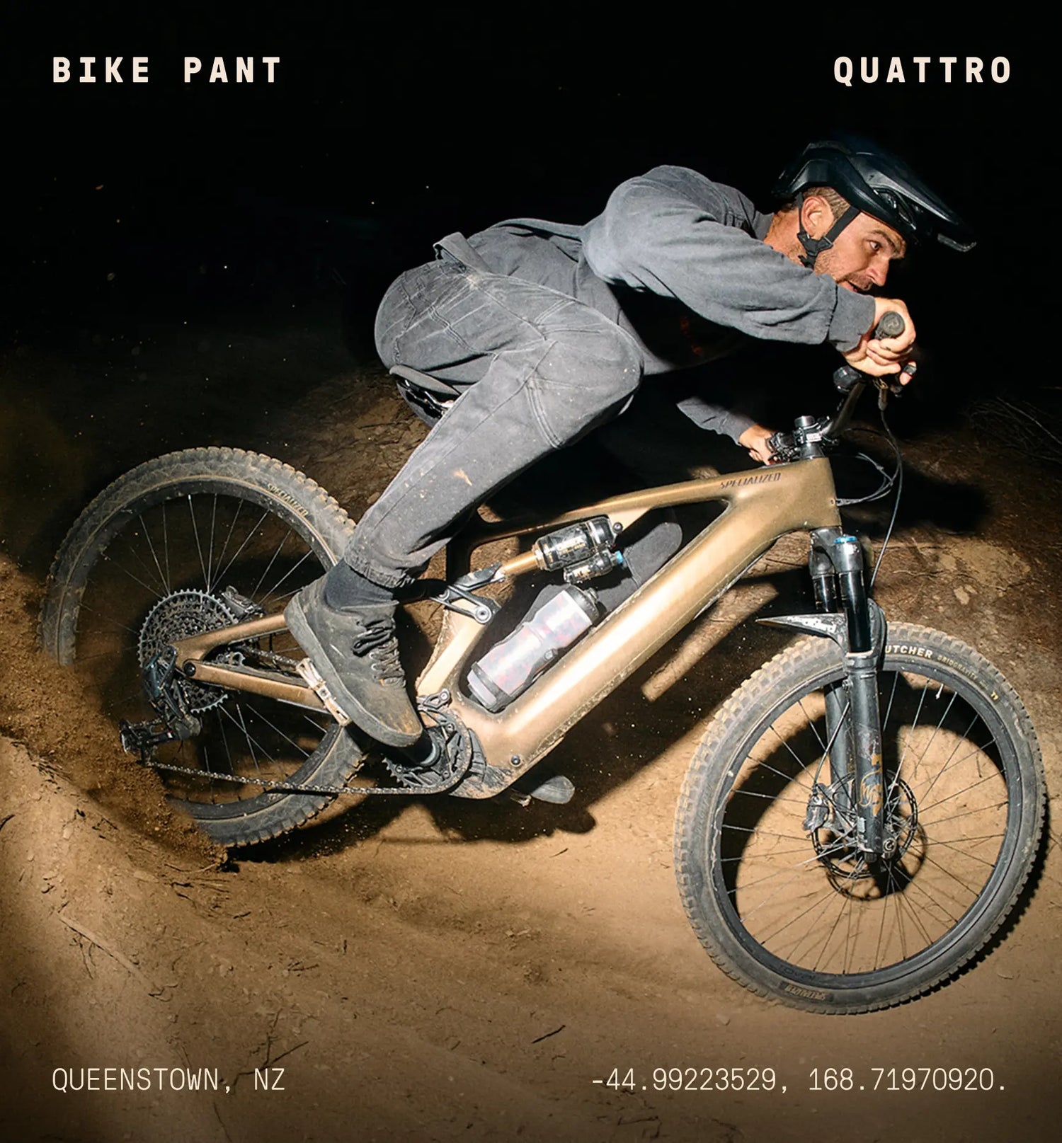 Person riding a bike on a dirt track with 'Bike Pant Quattro' branding.