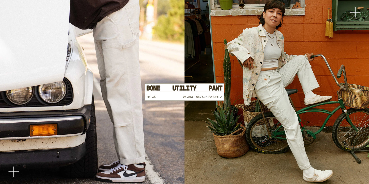 Person wearing a white pants outfit with text overlay in an urban setting.