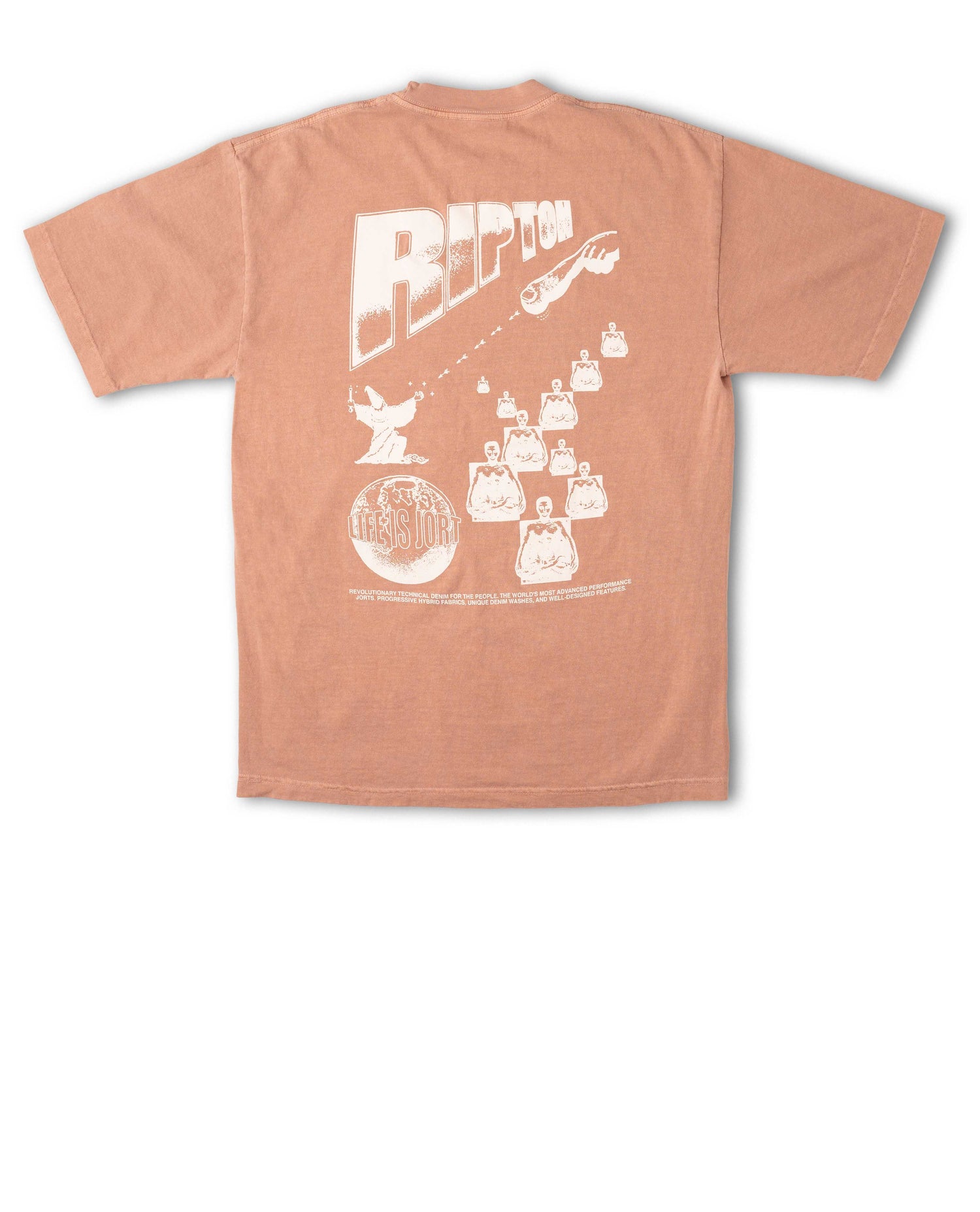 Coral t-shirt with white graphic design on a white background