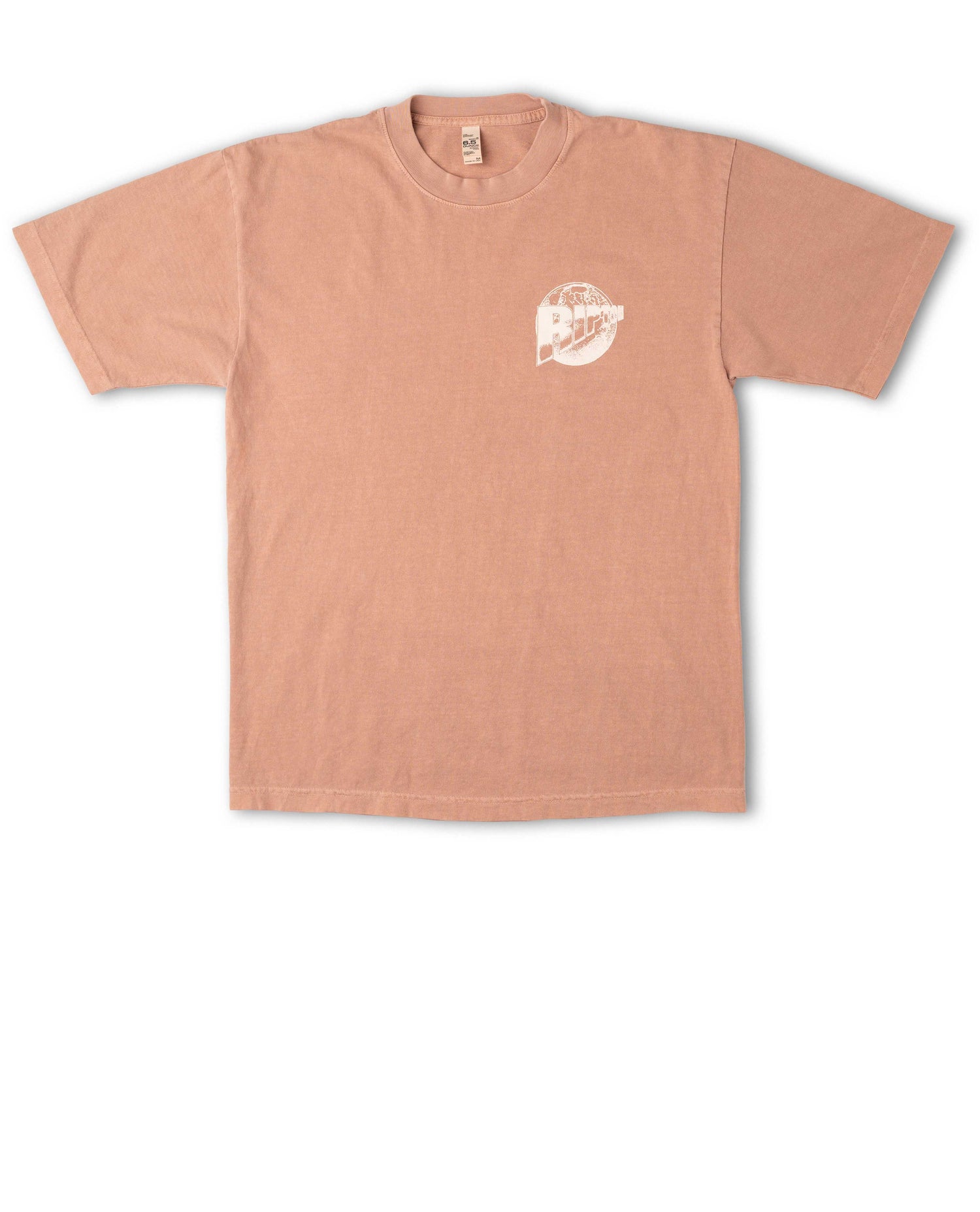 Pink t-shirt with a small logo on a white background