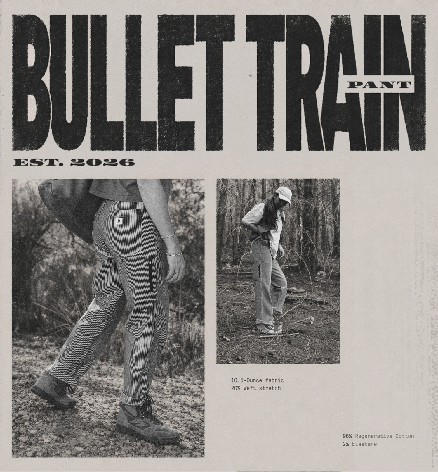 Banner for 'Bullet Train Pant' with two people wearing pants in a forest setting.