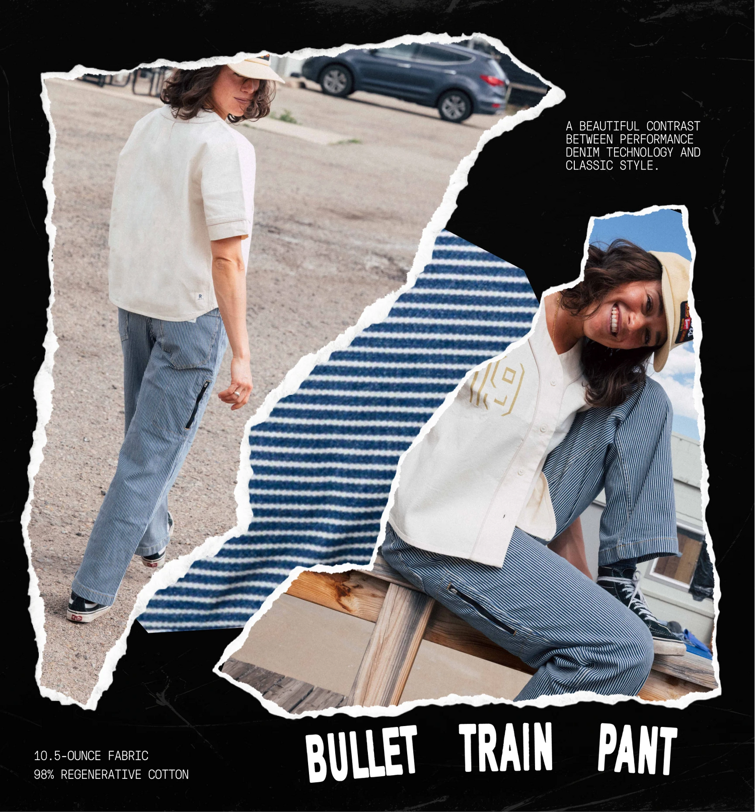 Collage of a person wearing 'Bullet Train Pant' with text and black background. 