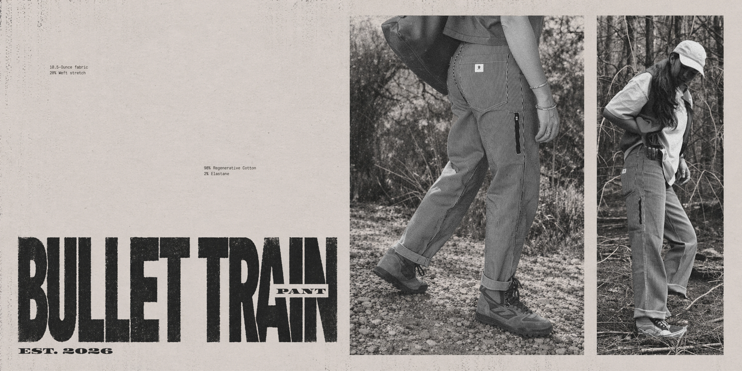 Banner for 'Bullet Train' pants featuring two people wearing the pants outdoors.
