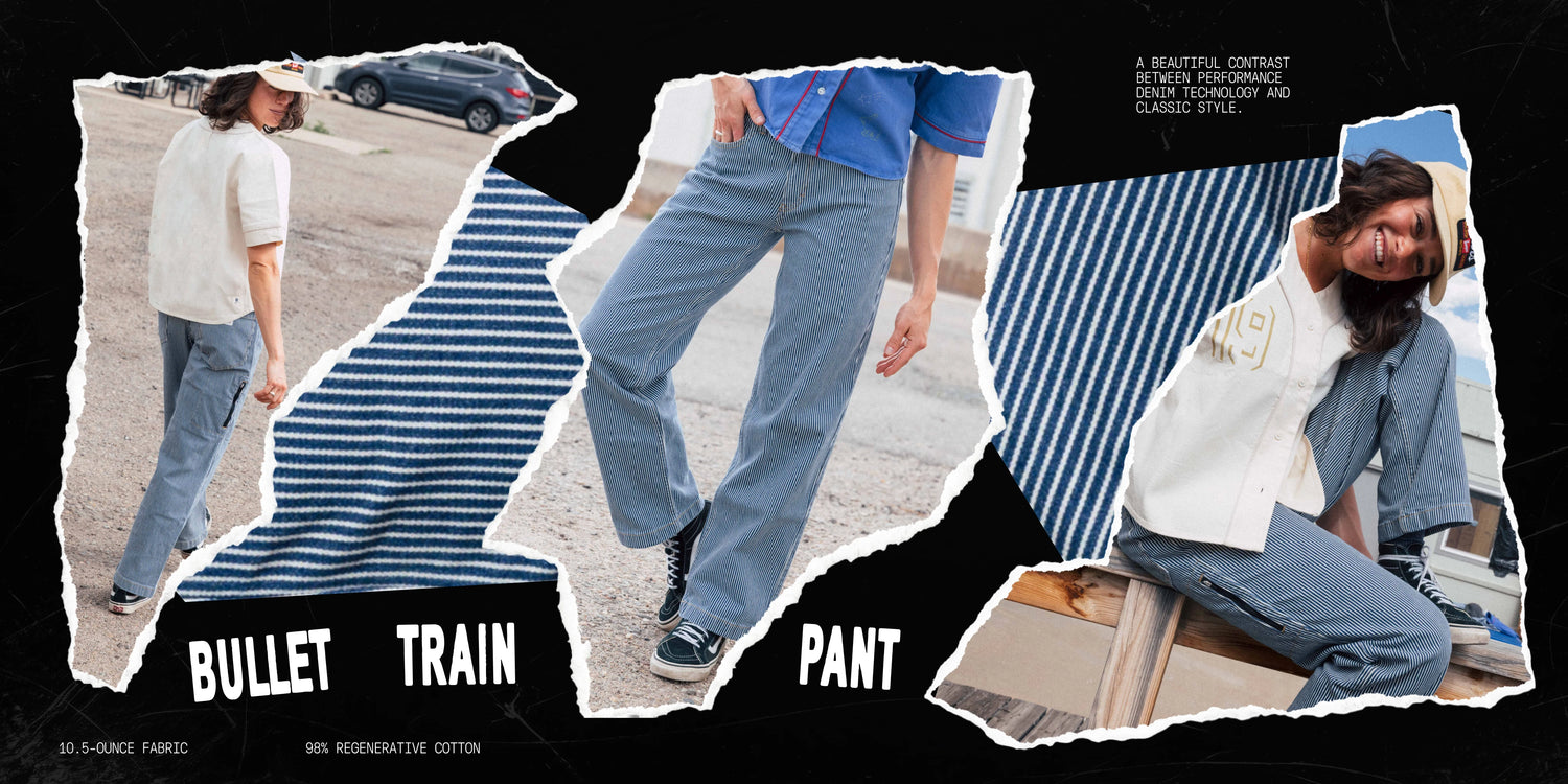 Collage of a person wearing jeans with text 'Bullet Train Pant' on a black background.