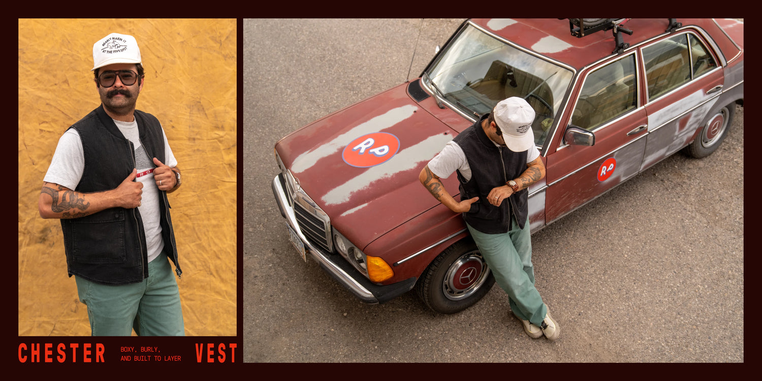 A split-screen promotional image for a Chester VEST. On the left, a man wearing a white cap, black vest, white t-shirt, and green pants poses against a yellow background.