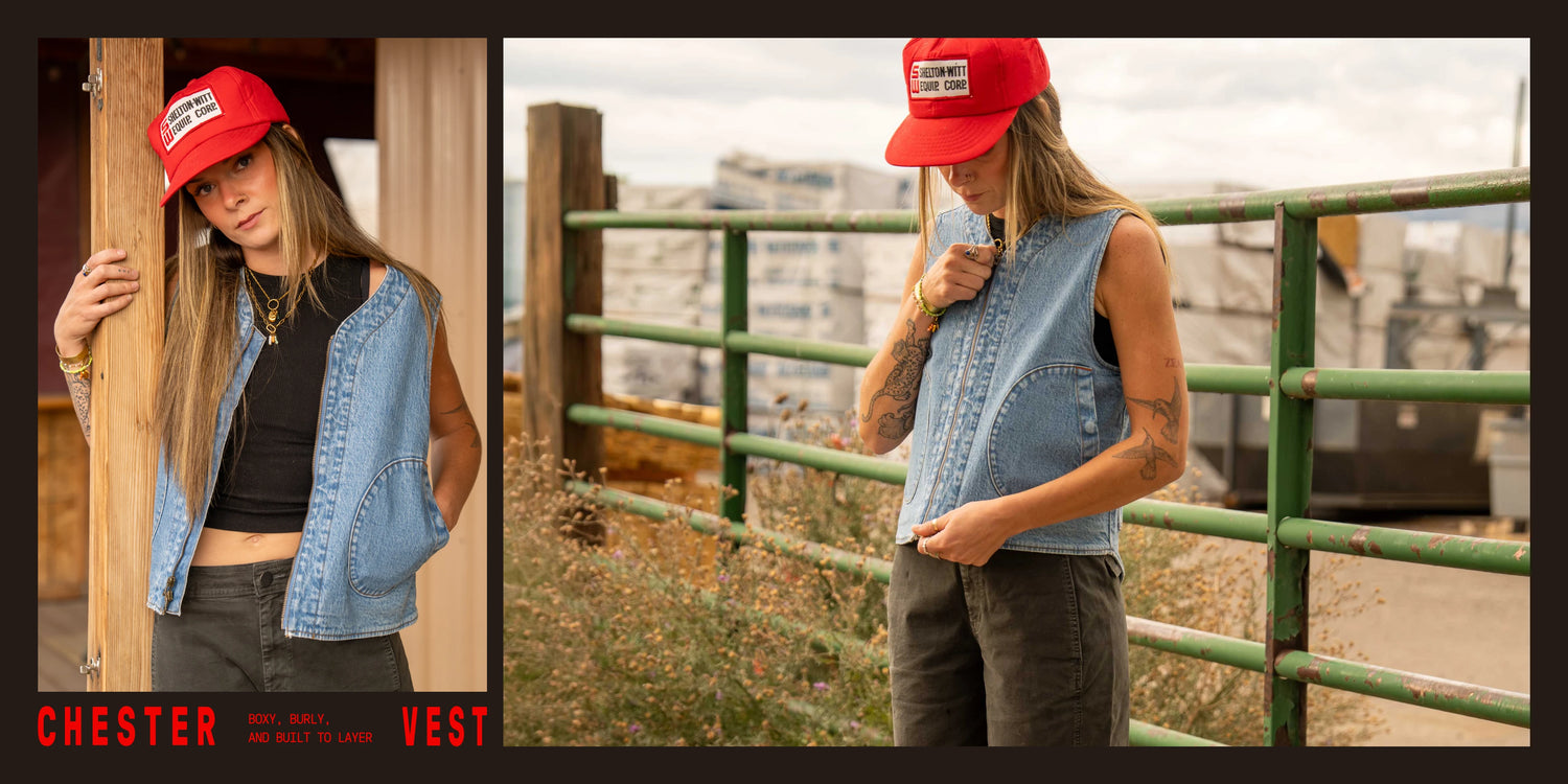 A split-screen lifestyle image showing a model wearing a light-wash denim vest over a black tank top and dark pants, paired with a red baseball cap. The left panel shows her leaning against a wooden post in a covered walkway, while the right panel shows her standing outdoors near a green metal railing.
