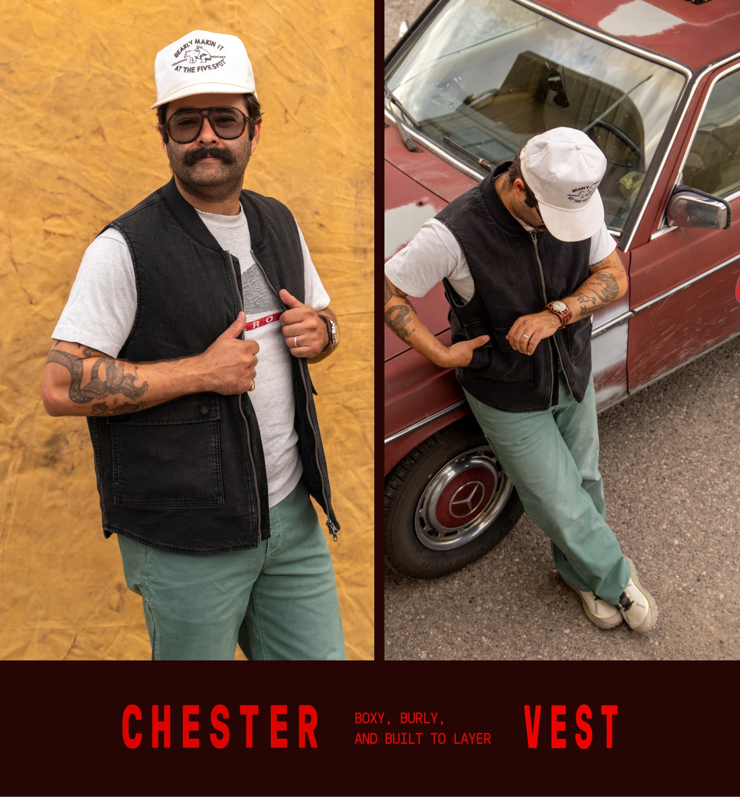 A split-panel lifestyle image showing a man wearing a black Chester vest over a white t-shirt and green pants, posing against a yellow wall and next to a red car. The bottom banner features the text 'CHESTER BOXY, BURLY, AND BUILT TO LAYER VEST'.