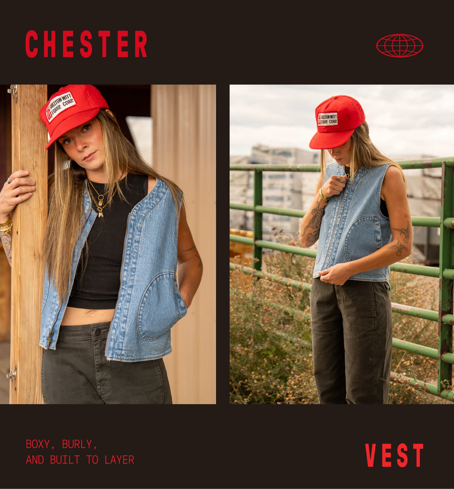 A split-panel product presentation of a light blue denim vest, shown on a model in two outdoor settings. The left panel shows the model wearing the vest open over a black top and dark pants, while the right panel shows her wearing the vest closed over a matching black top.