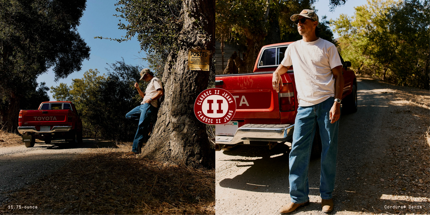 A split-screen lifestyle image featuring a man wearing a white t-shirt and blue jeans standing next to a red pickup truck on a dirt road, with a second view of him leaning against a tree near a red Toyota truck. A circular logo overlay reads 'Classic II".