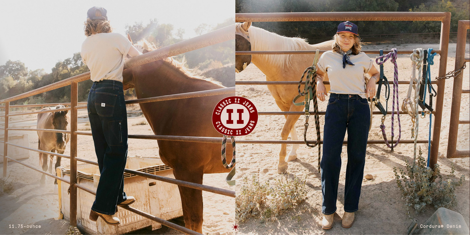 Woman wearing dark-wash denim jeans standing at a sunlit horse corral, shown from the front and back.