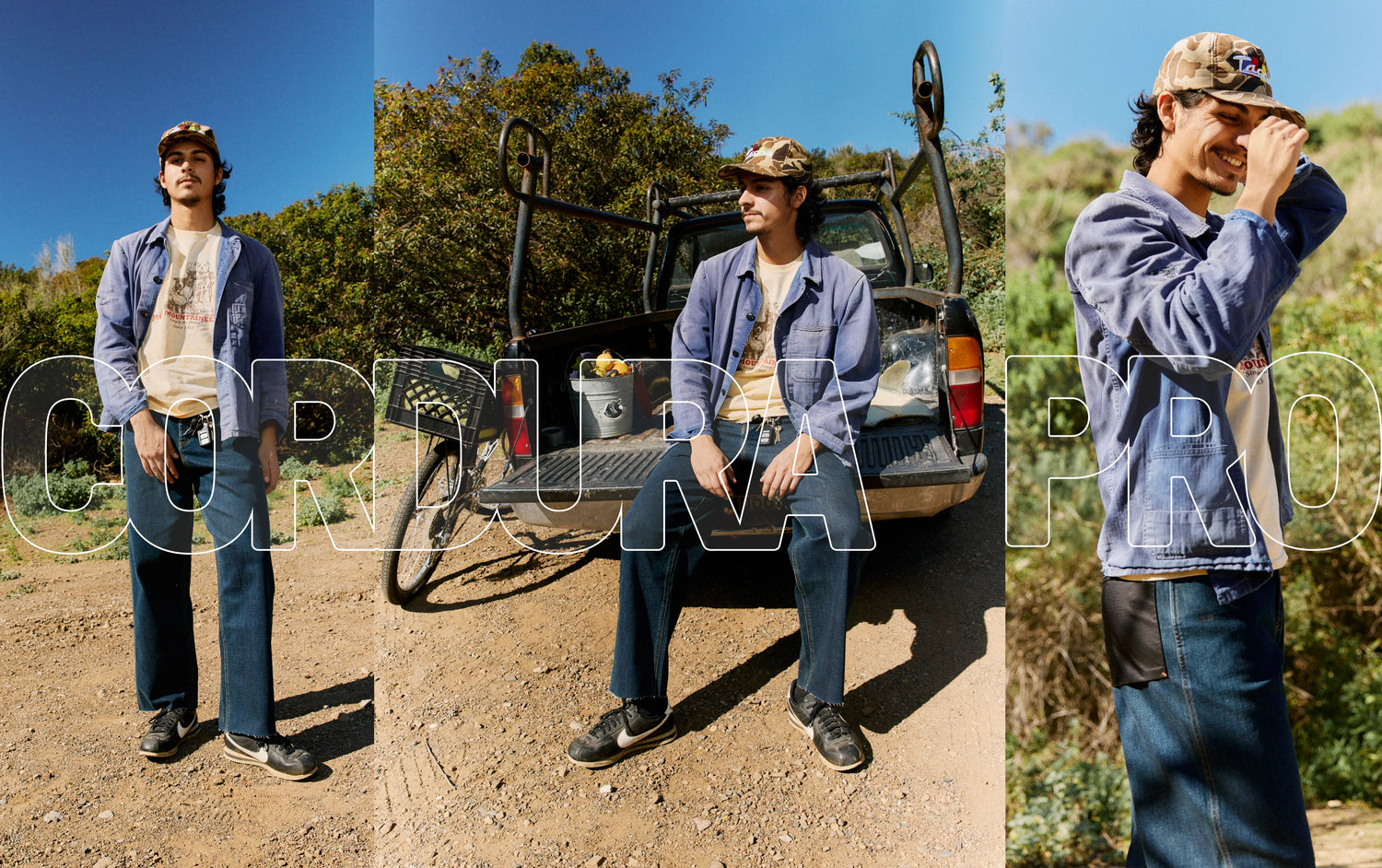 Collage of a man in outdoor setting with a truck and nature.