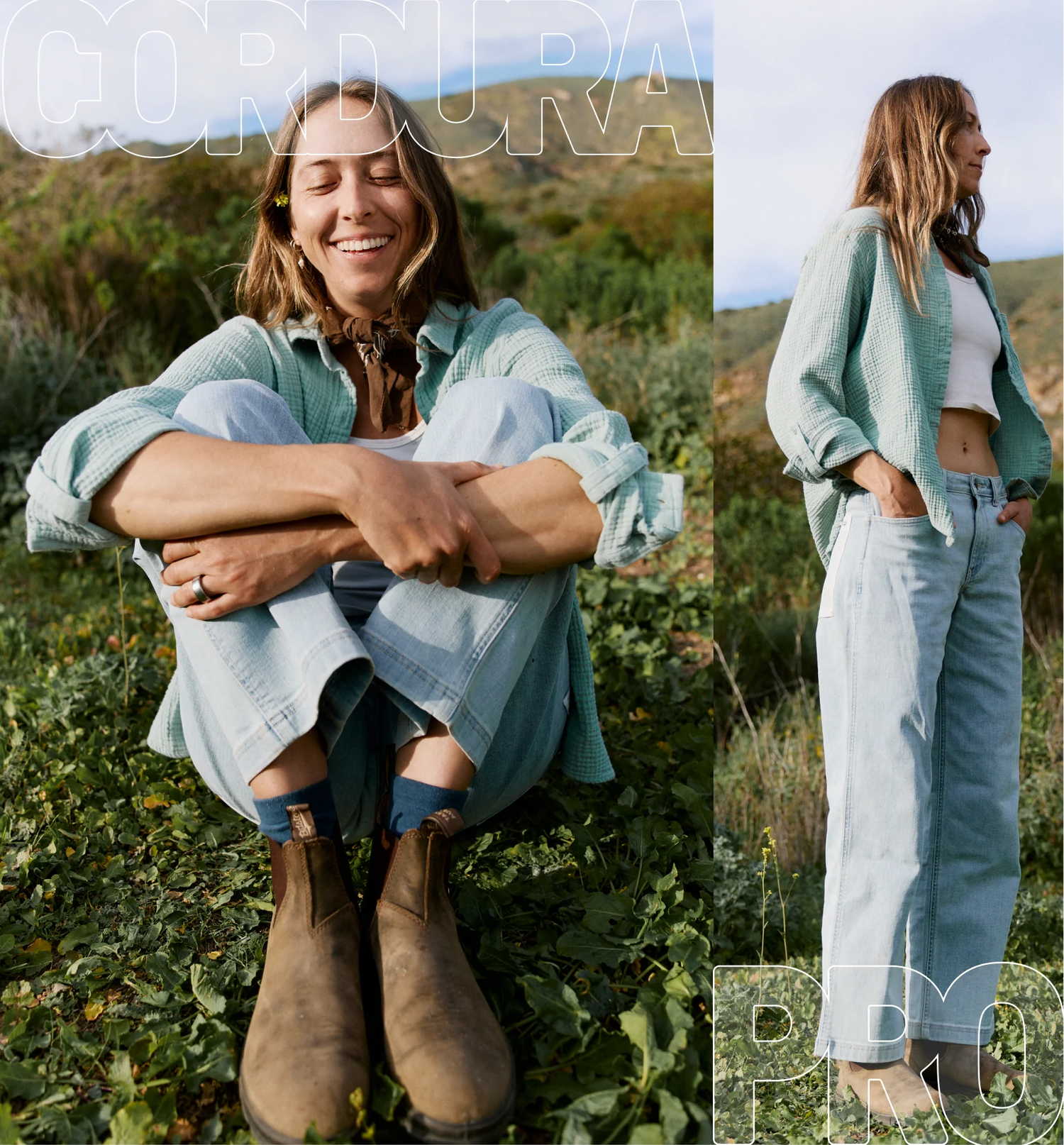 Woman sitting outdoors wearing a light blue jacket and jeans with brown boots, with 'Gorda' branding.
