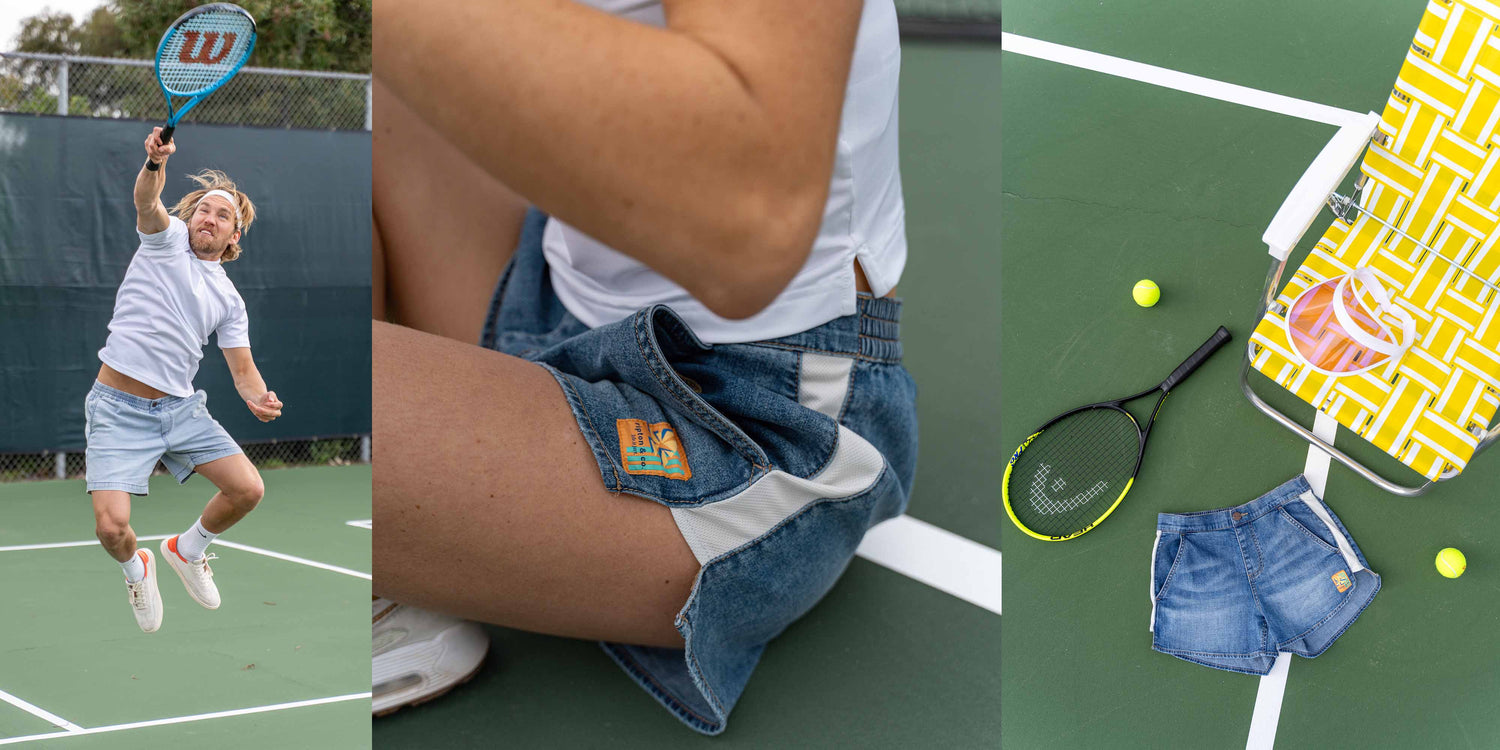 Man playing tennis wearing Denim Shorts