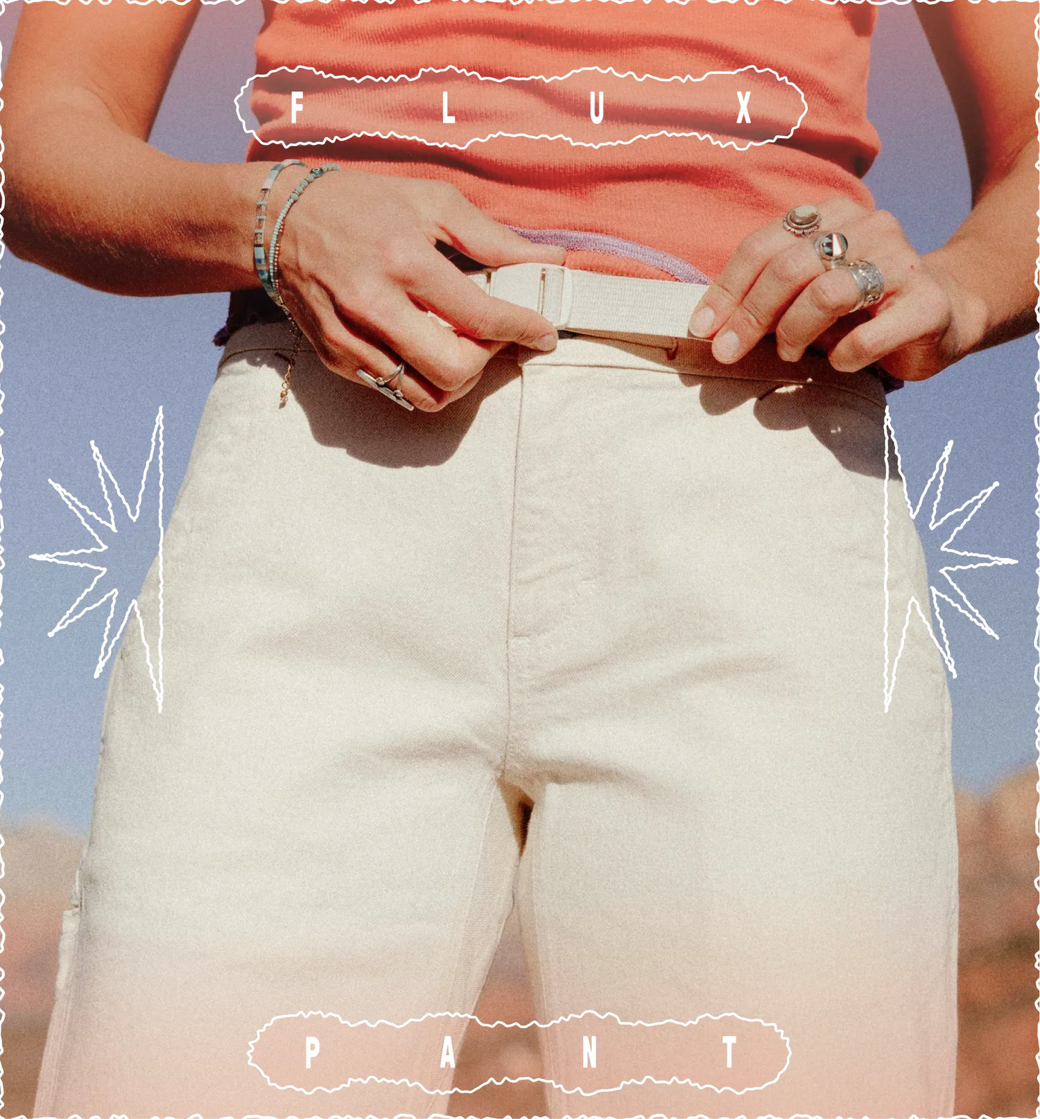 Person wearing a pink top and beige pants with 'Flux Pant' text overlay.