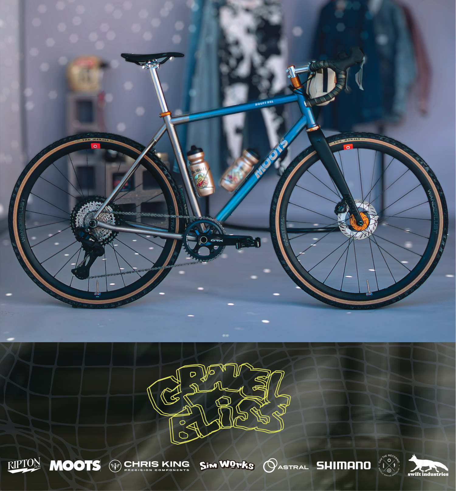 Blue bicycle on a reflective surface with blurred background