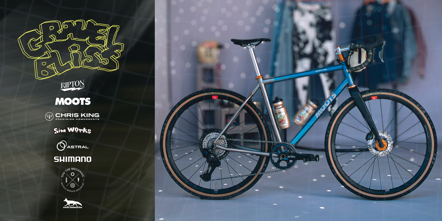 Blue bicycle with visible brand logos on a gray background