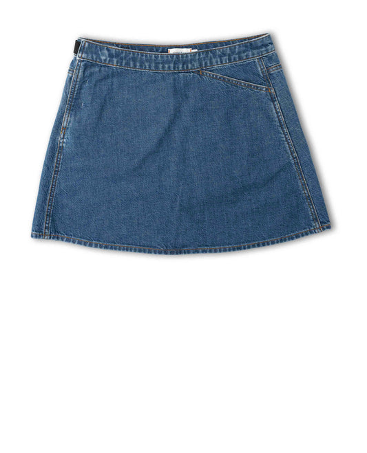 A classic blue denim mini skirt with a flared A-line silhouette, laid flat against a white background.
