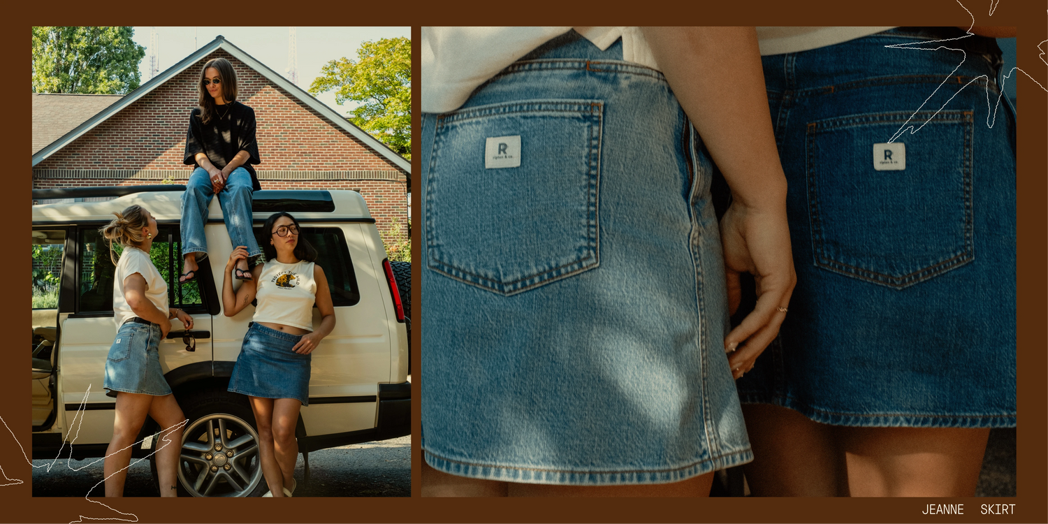 A split collage showing women wearing blue denim skirts outdoors. The left panel shows three women posing with a white vehicle in front of a brick house, and the right panel is a close-up of the back of two denim skirts with a small white brand patch on each pocket.