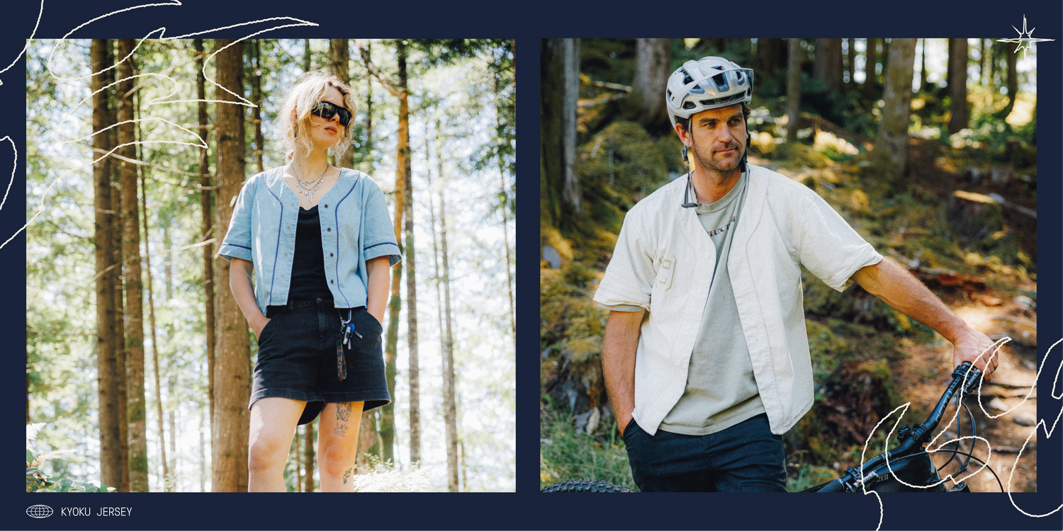 A split-screen lifestyle image featuring a woman and a man in a forest setting, both wearing light blue and beige short-sleeve button-up jerseys. The left model wears a light blue cropped jersey over a black top and shorts, while the right model wears a beige jersey over a gray t-shirt and dark pants, with a bicycle handlebar visible.