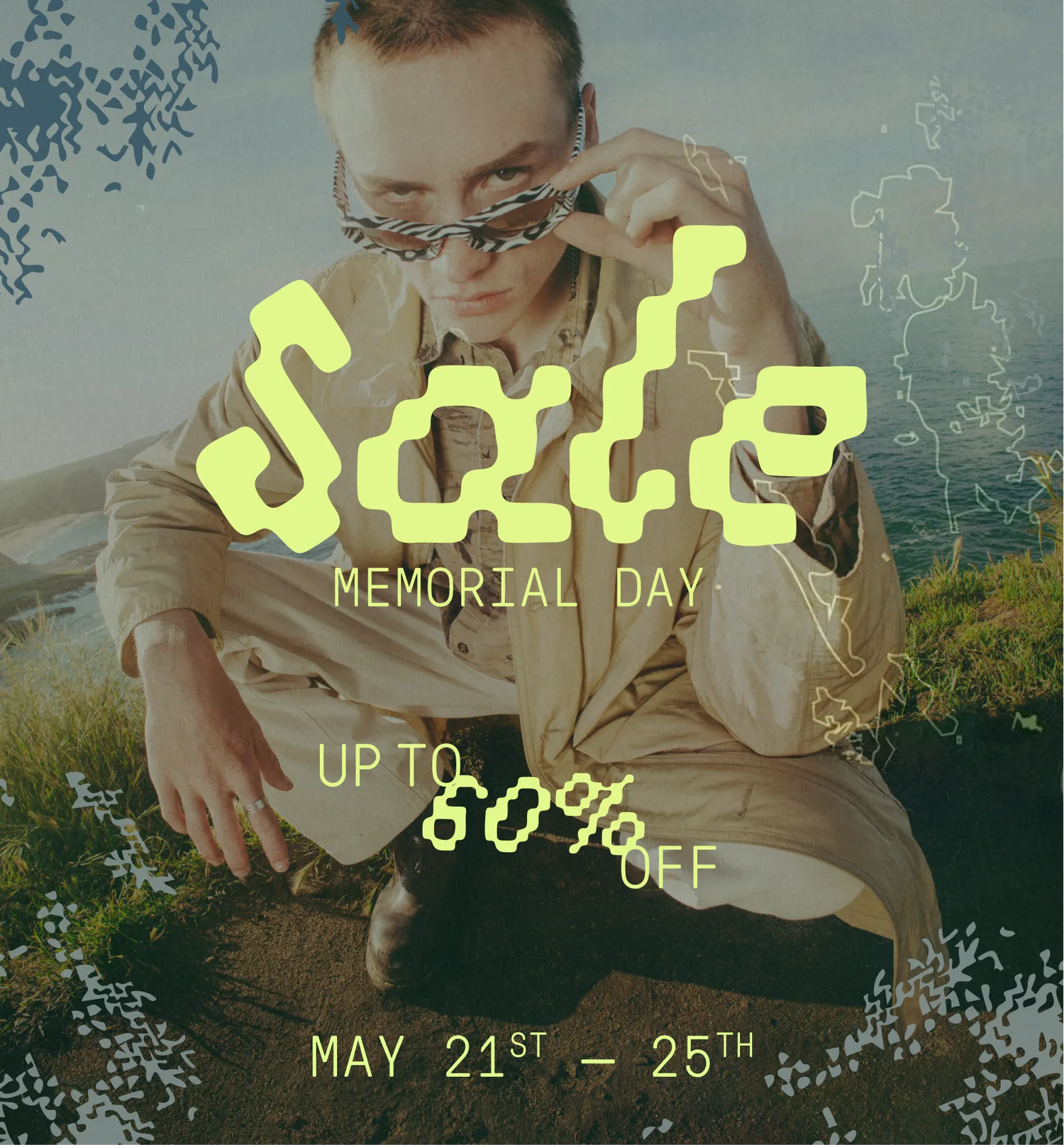 Person sitting outdoors with promotional text overlay for Memorial Day sale.