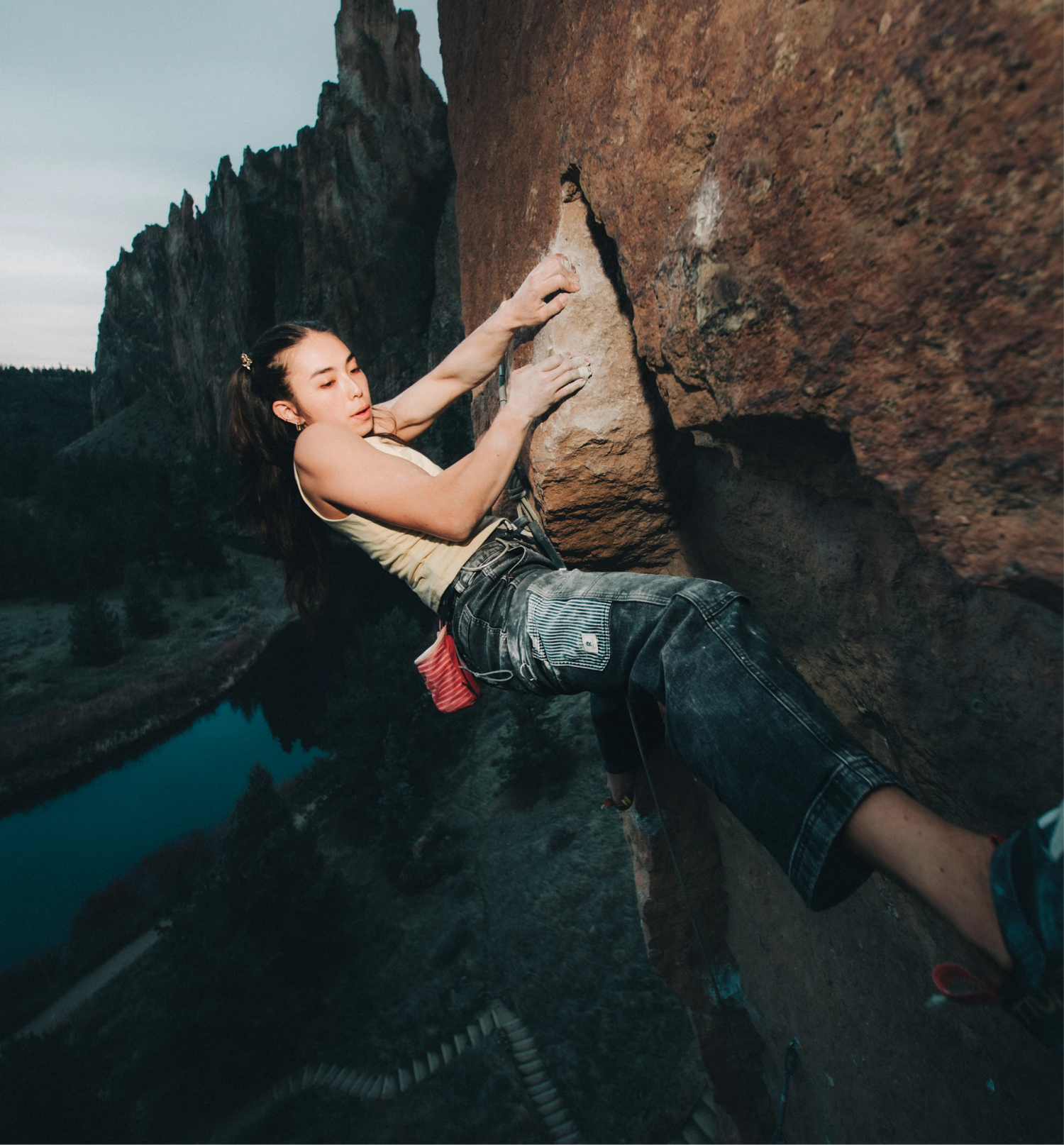 Person climbing a rock face with a scenic background