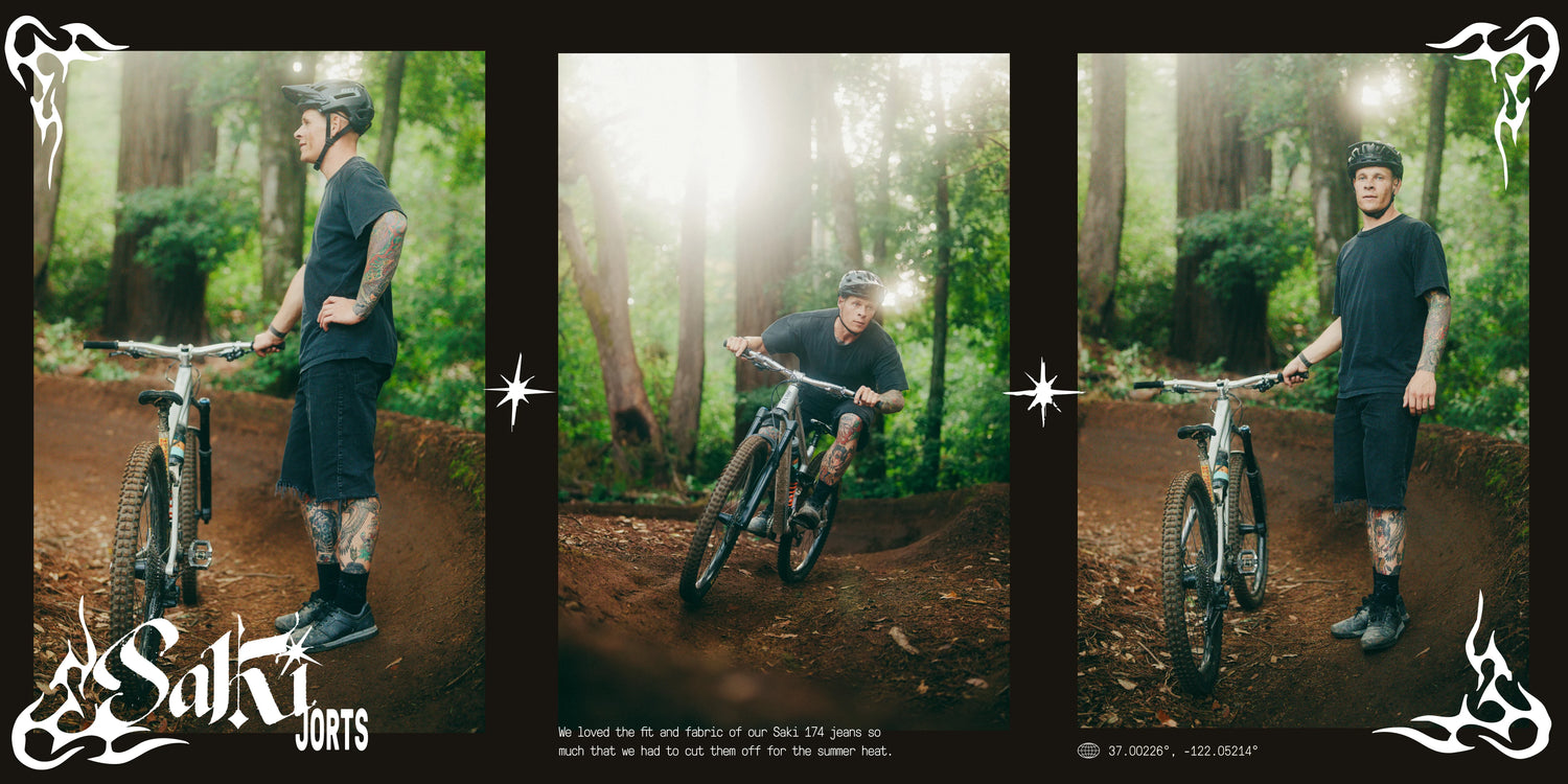 Three images of a person riding a mountain bike through a forest, with 'Saki Jorts' branding.