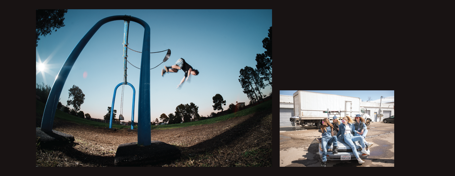 (Left): Man doing a backflip off of a swing whilst wearing blue jean shorts and a black t shirt. (right): four women in jean jackets and pants sitting on the hood of an old Honda in front of a white box truck. 